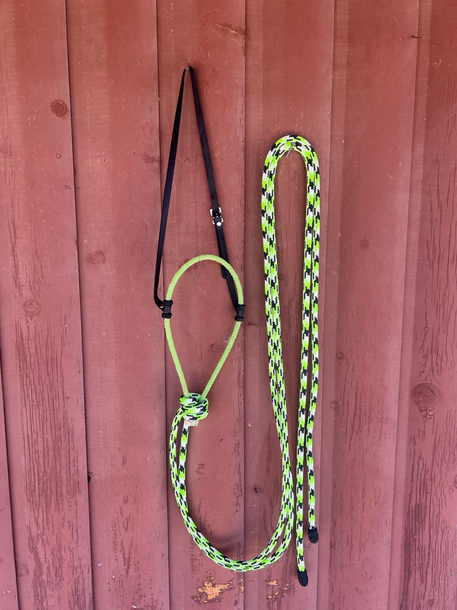 Loping Hackamore Rope Noseband 7.5' Split Reins - Green Black White