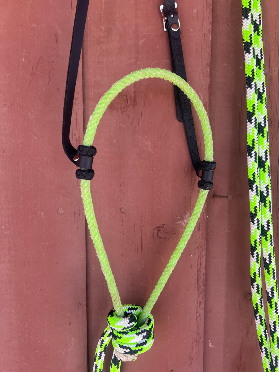 Loping Hackamore Rope Noseband 7.5' Split Reins - Green Black White
