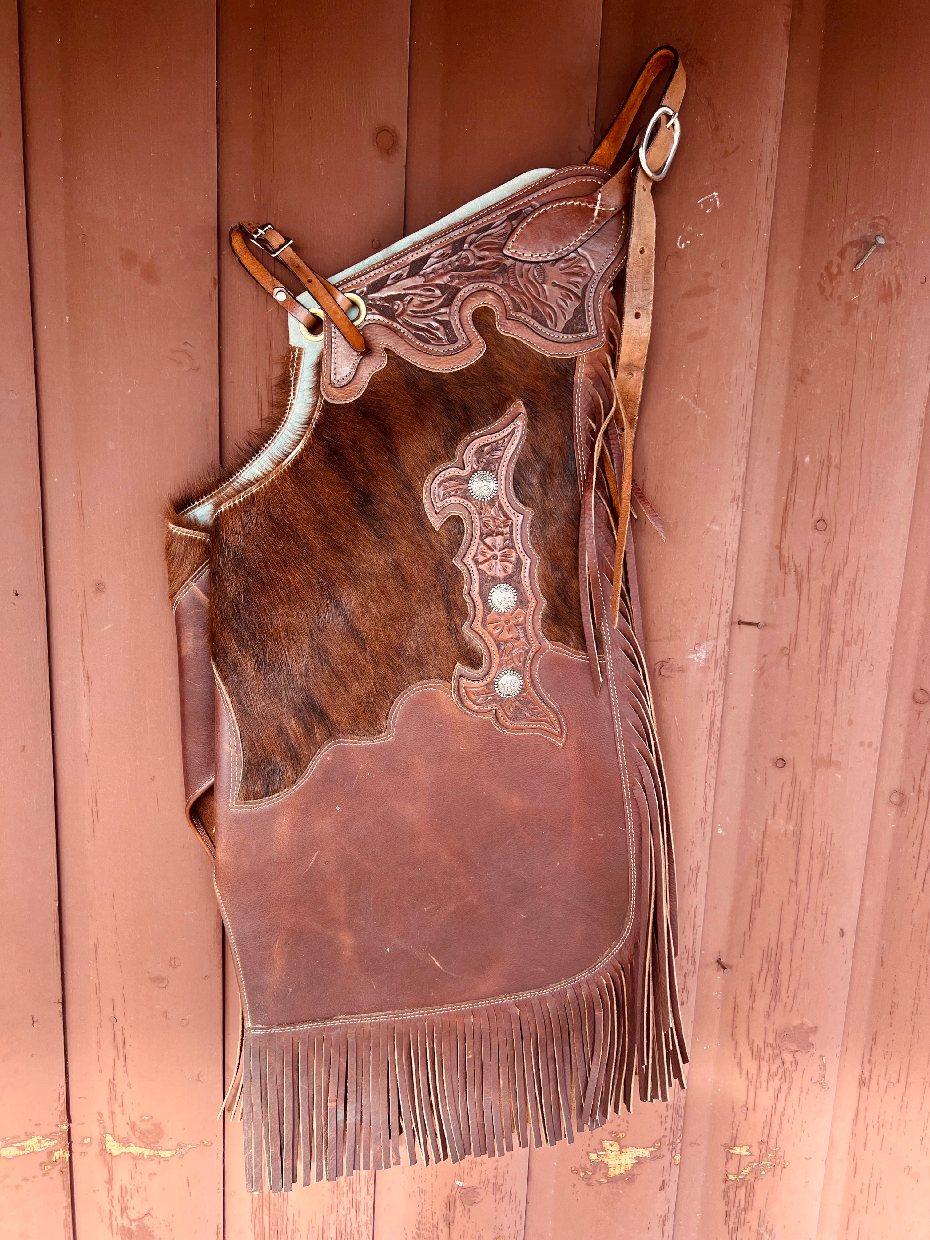Saddle Barn Hair On Hide Leather Chinks with Fringe - Size L     CH1116