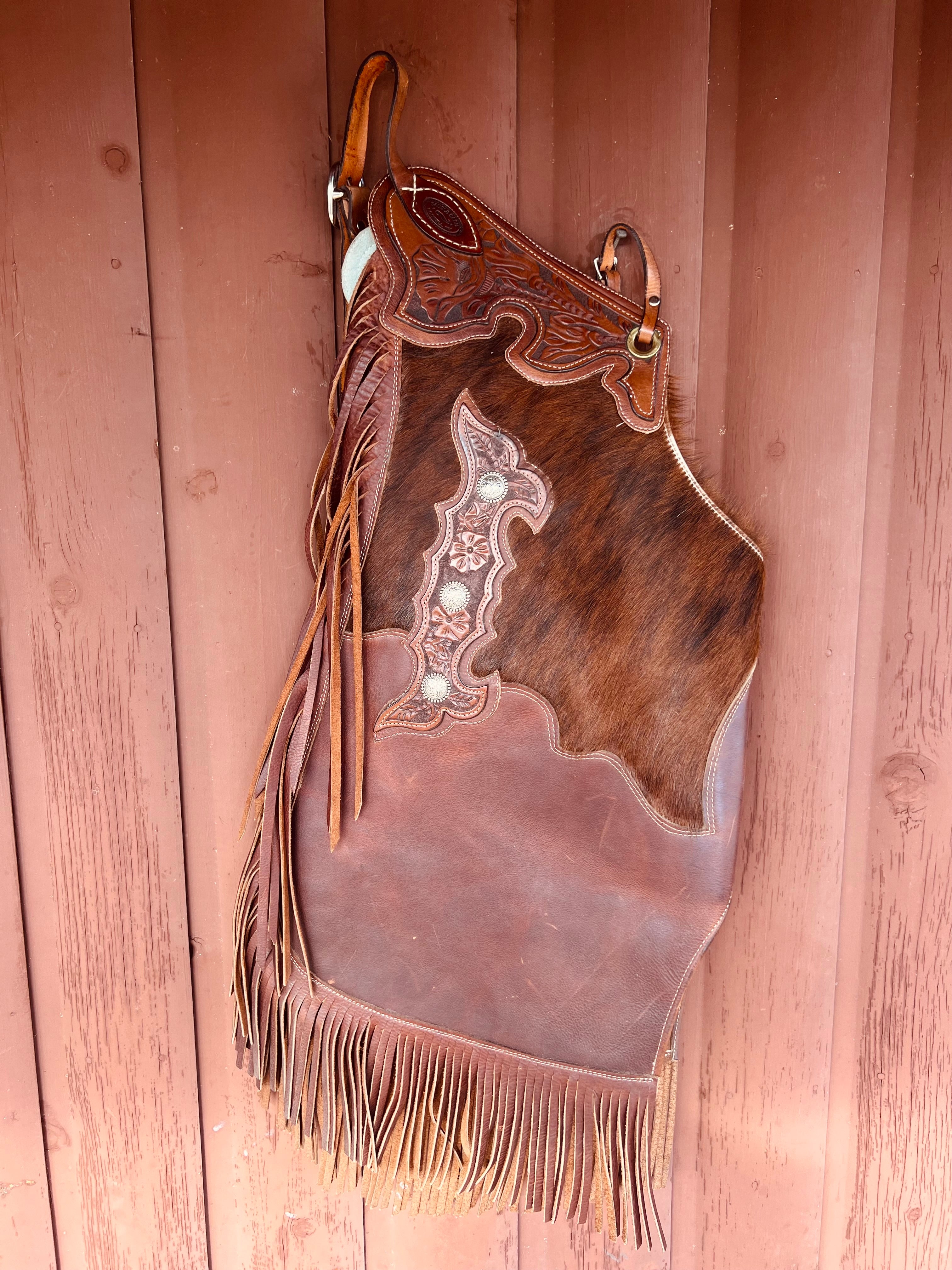 Saddle Barn Hair On Hide Leather Chinks with Fringe - Size L     CH1116