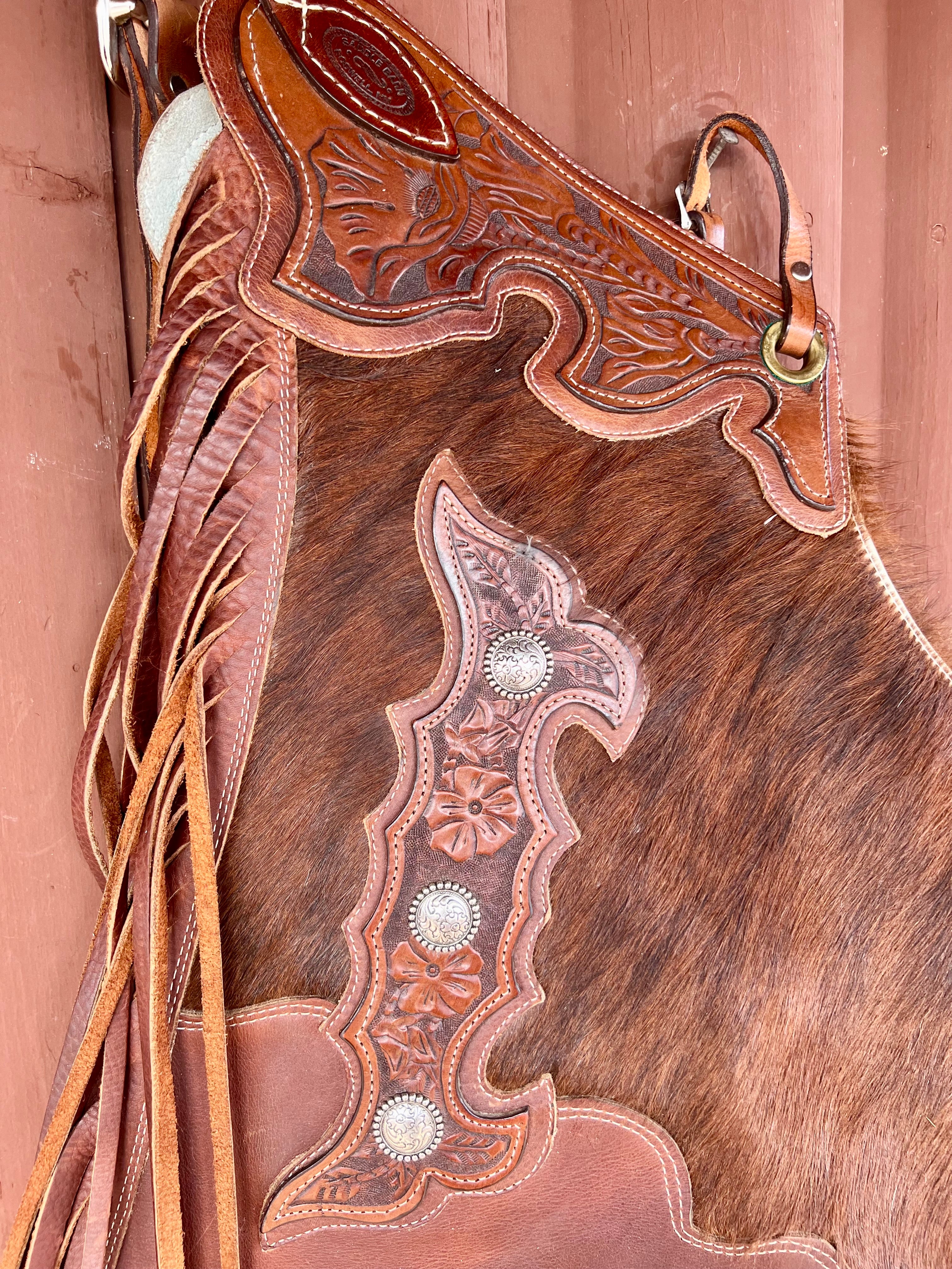 Saddle Barn Hair On Hide Leather Chinks with Fringe - Size L     CH1116