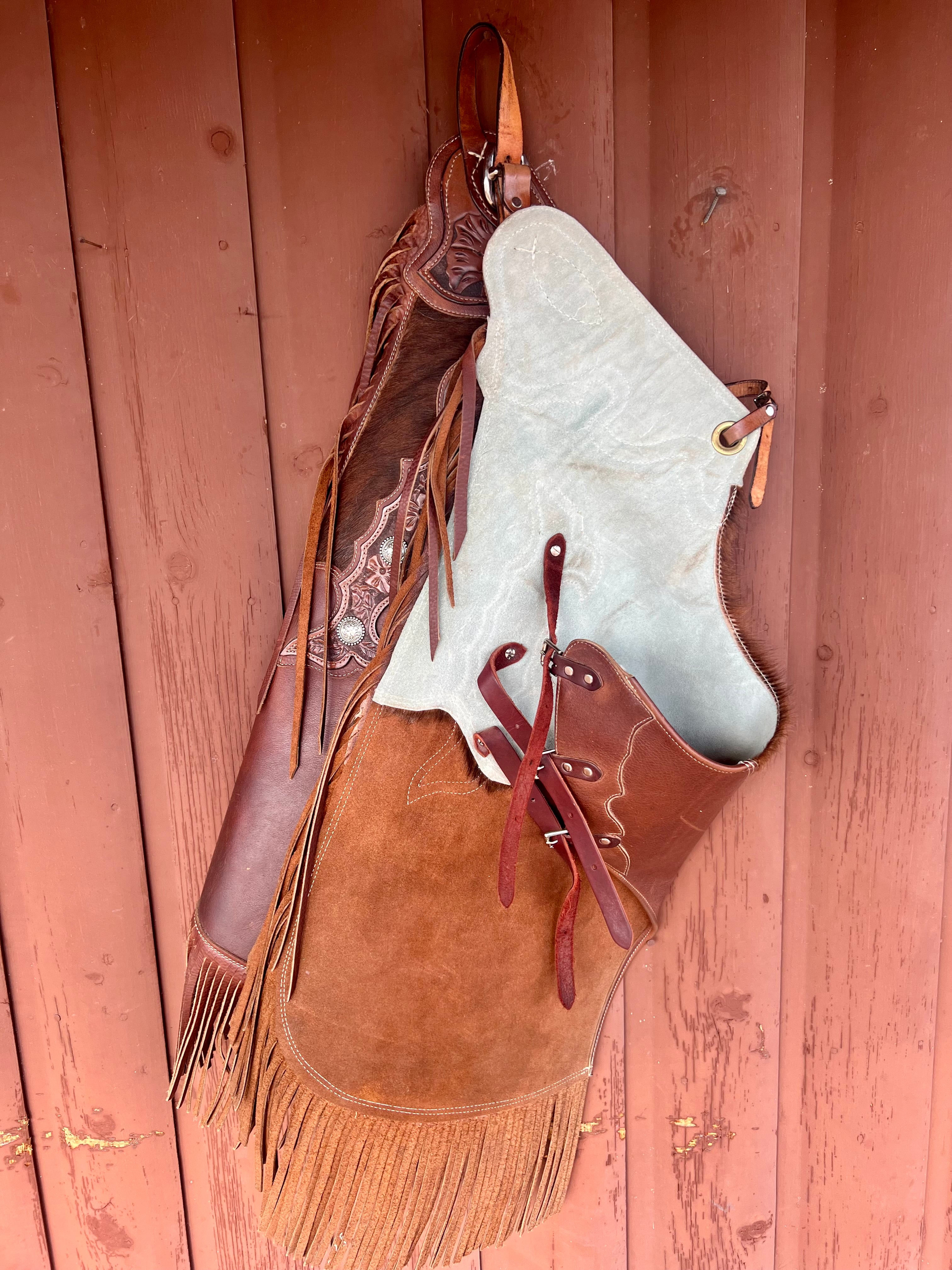 Saddle Barn Hair On Hide Leather Chinks with Fringe - Size L     CH1116