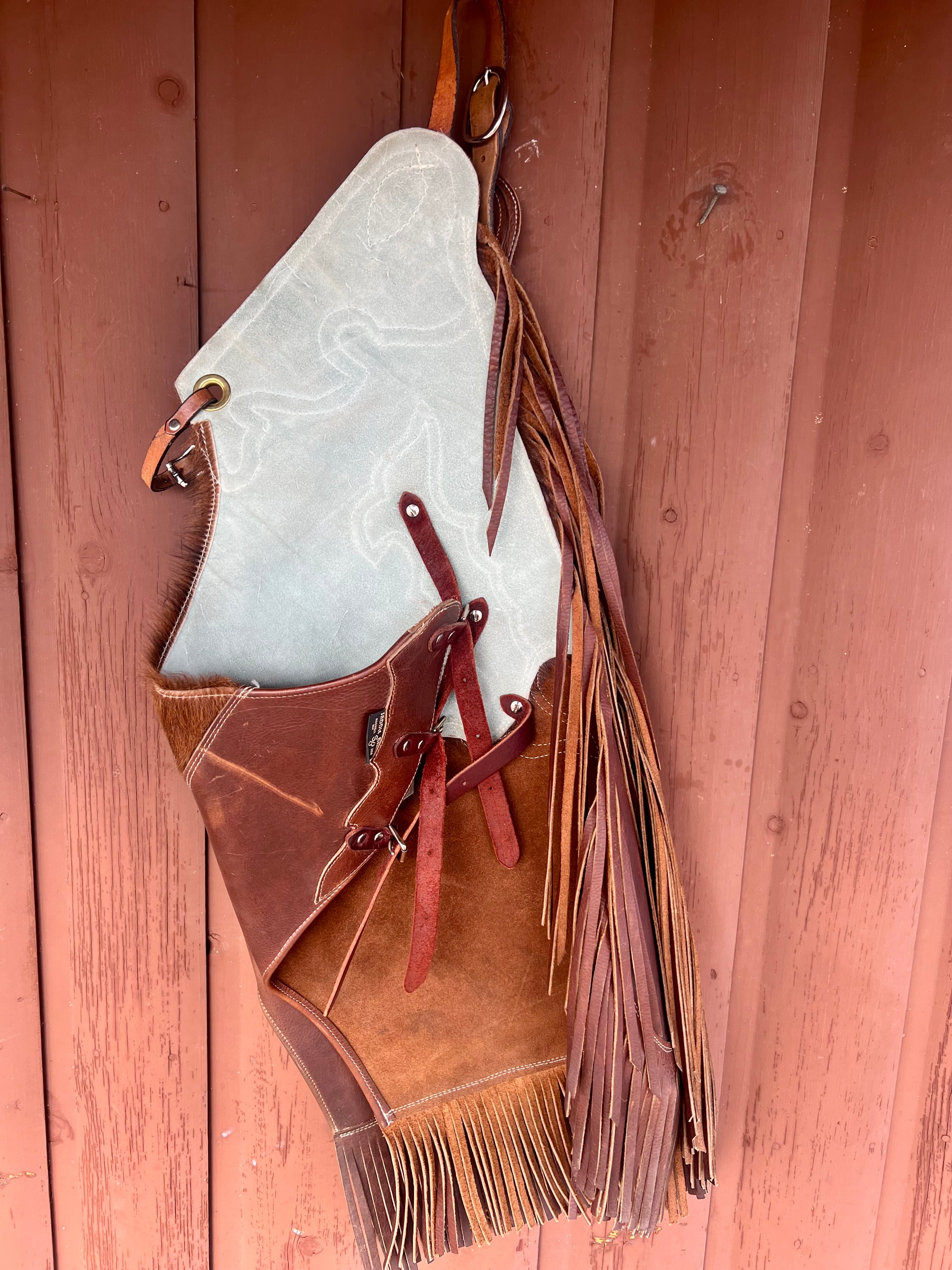 Saddle Barn Hair On Hide Leather Chinks with Fringe - Size L     CH1116