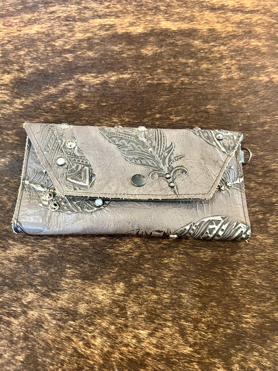 Feather Embossed Leather Wallet with Gems