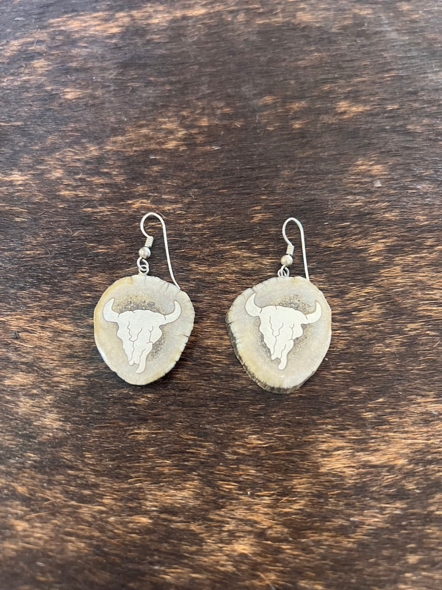 Elk Antler Earrings Oval w/Sterling Silver Buffalo Skull Inlay