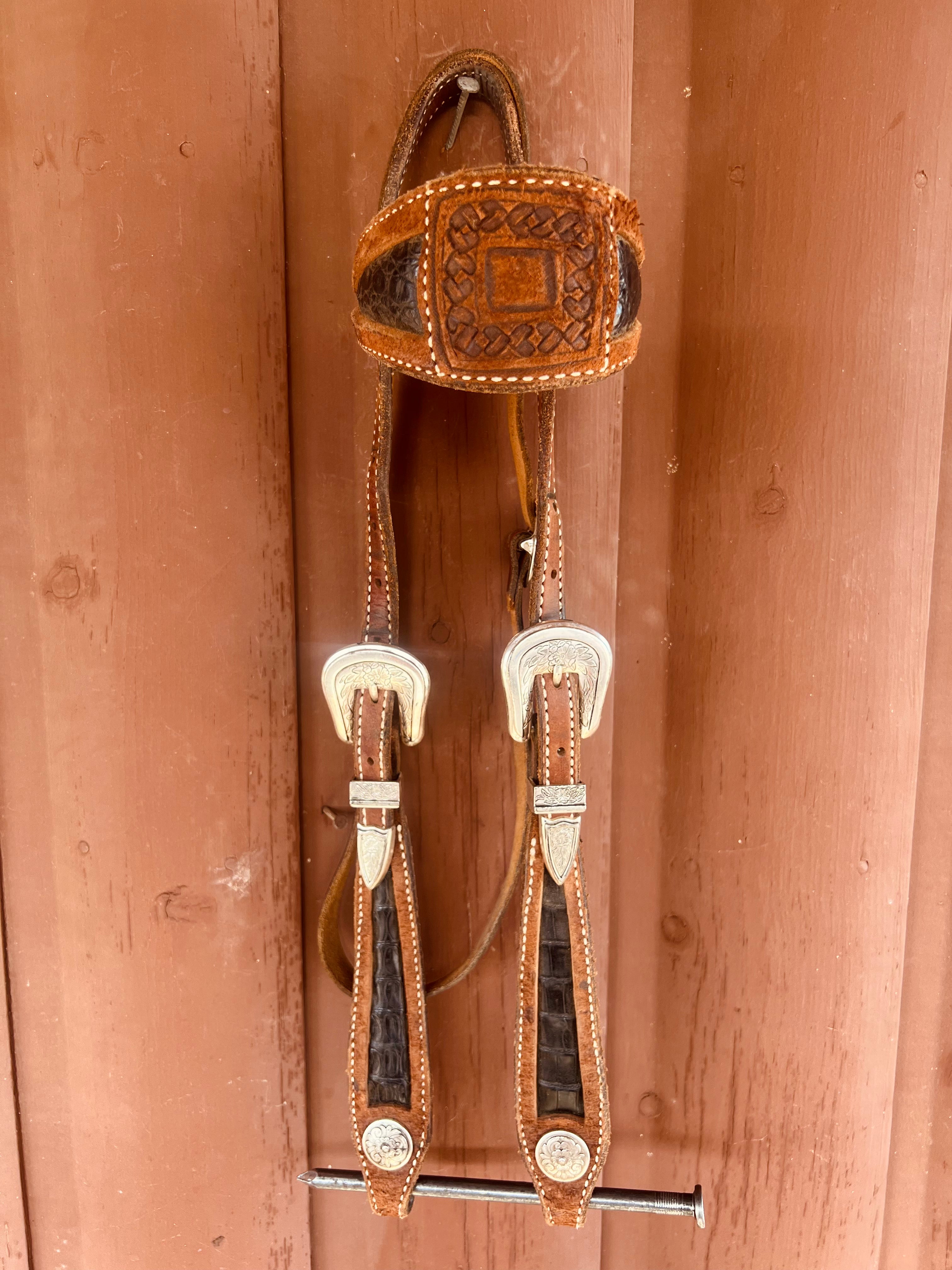 Browband Headstall Leather with Black Croc Inlay