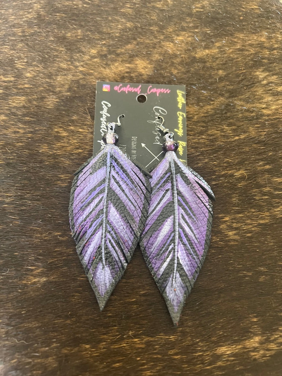 Hand Painted Leather Feather Earrings