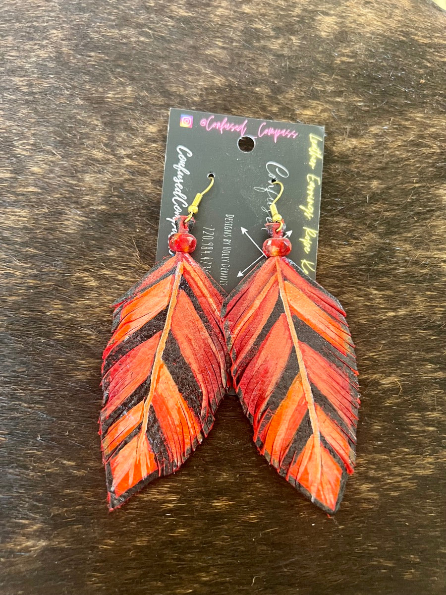 Hand Painted Leather Feather Earrings