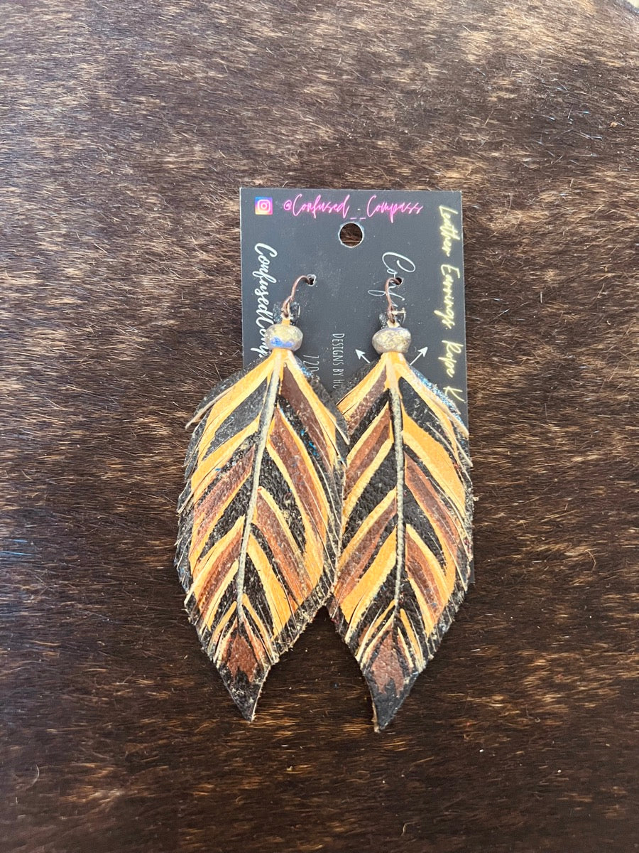 Hand Painted Leather Feather Earrings