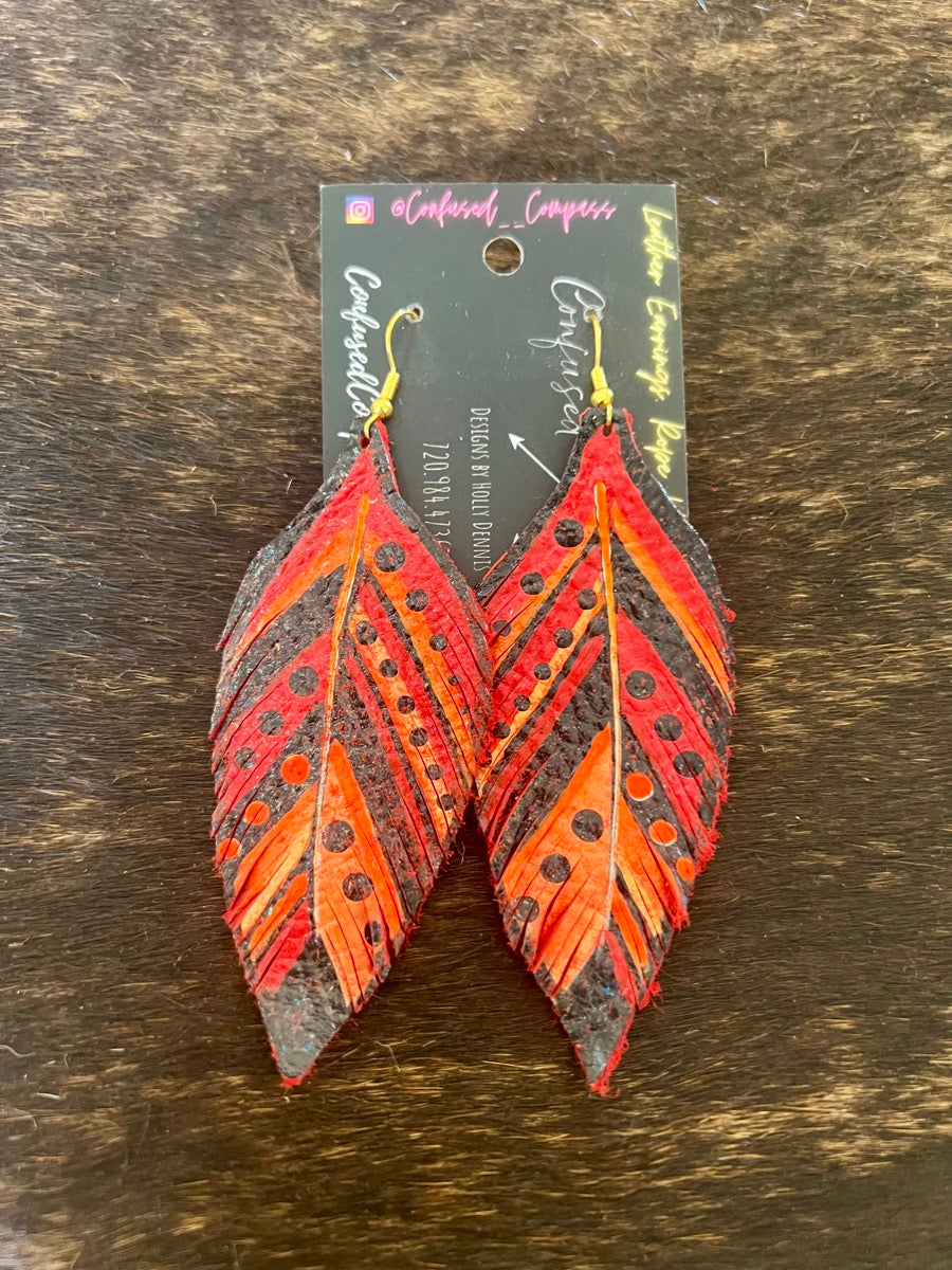 Hand Painted Leather Feather Earrings