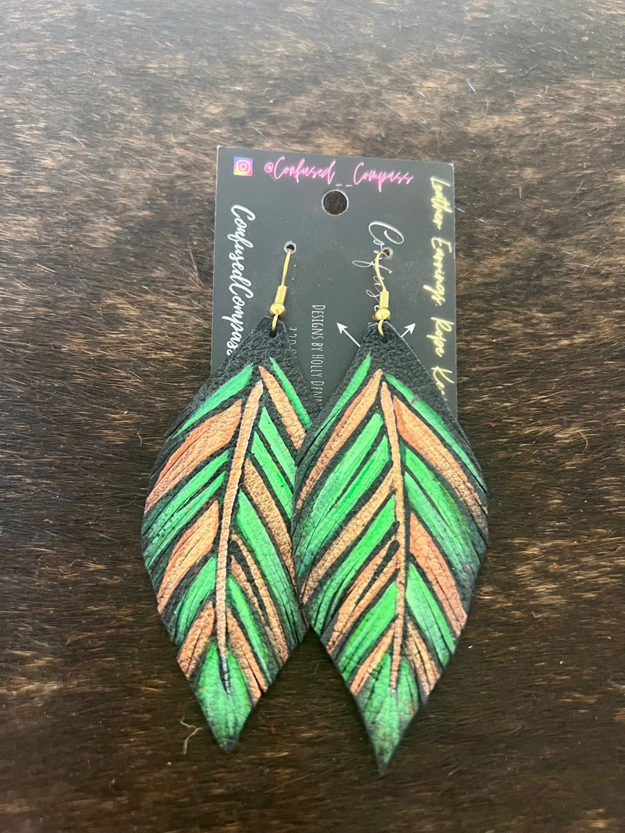 Hand Painted Leather Feather Earrings