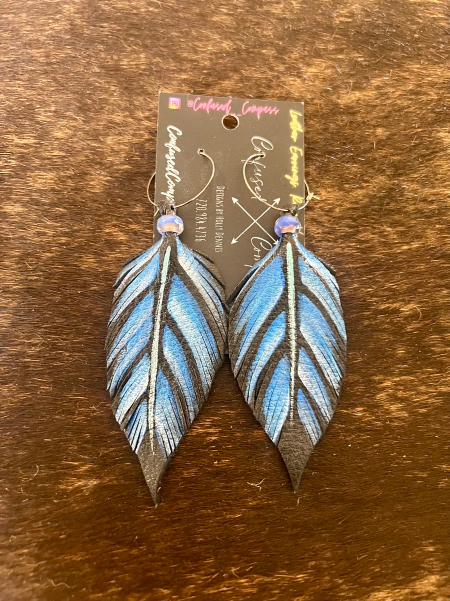 Hand Painted Leather Feather Hoop Earrings