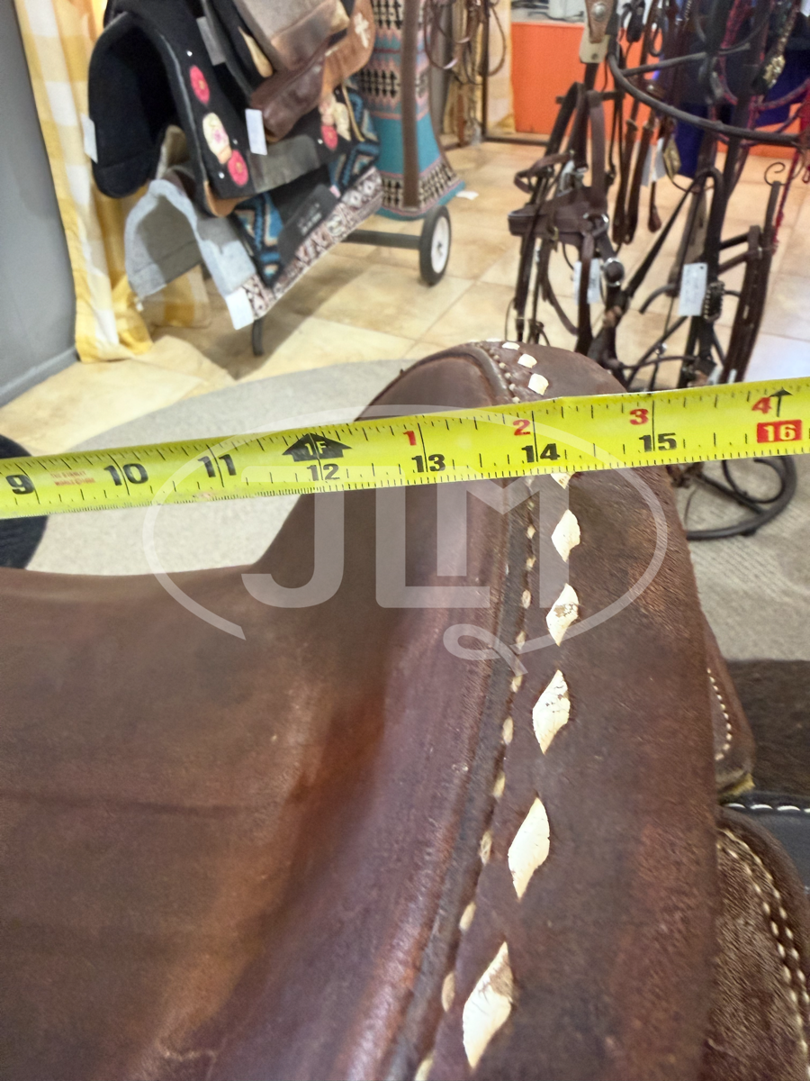 13.5" Connolly Saddlery Chocolate Roughout White Buckstitch Barrel Saddle