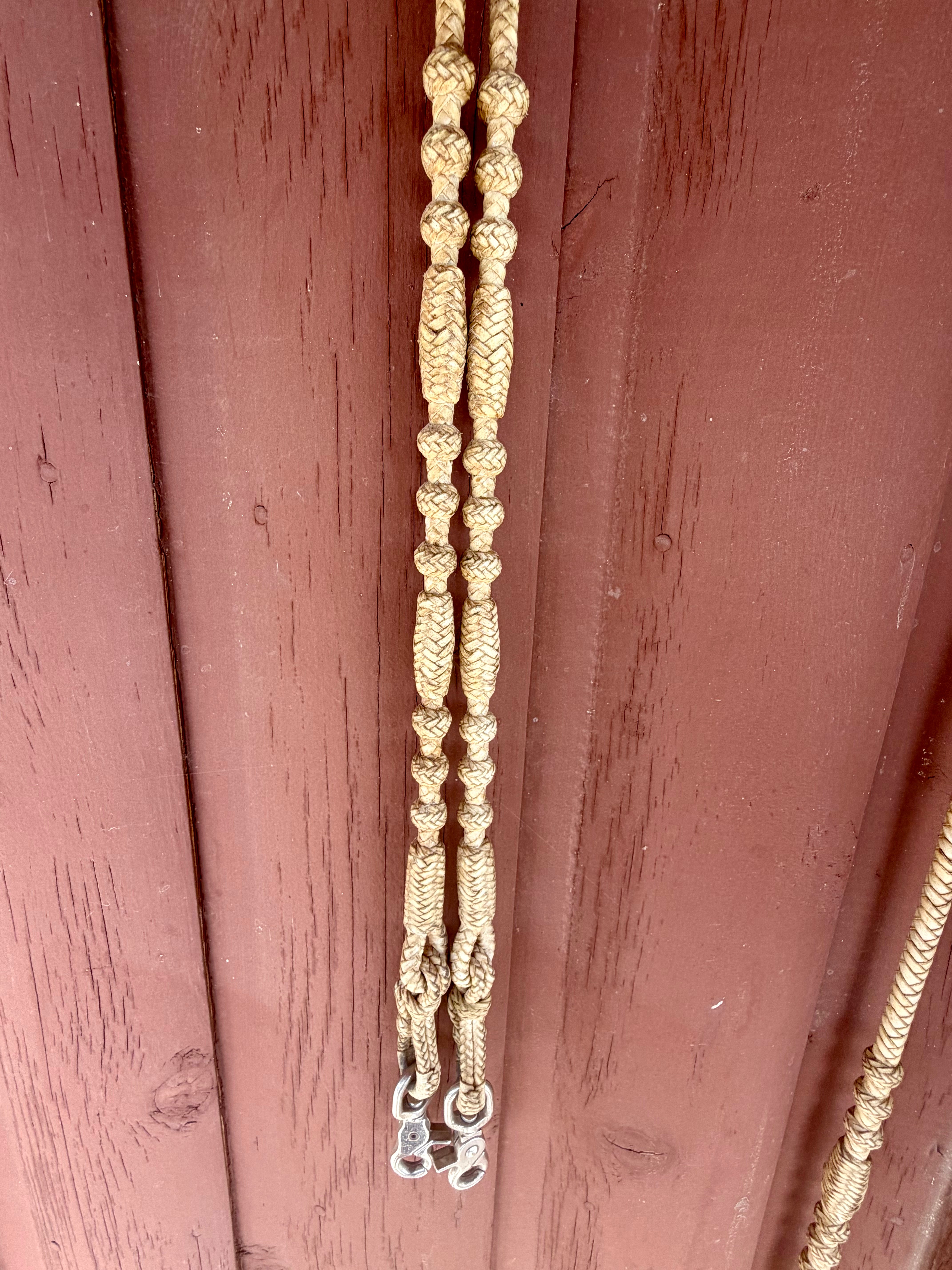 Vintage Hand-Braided Natural Rawhide Rome Reins With Leather Popper Romal Reins Vaquero   RN1180