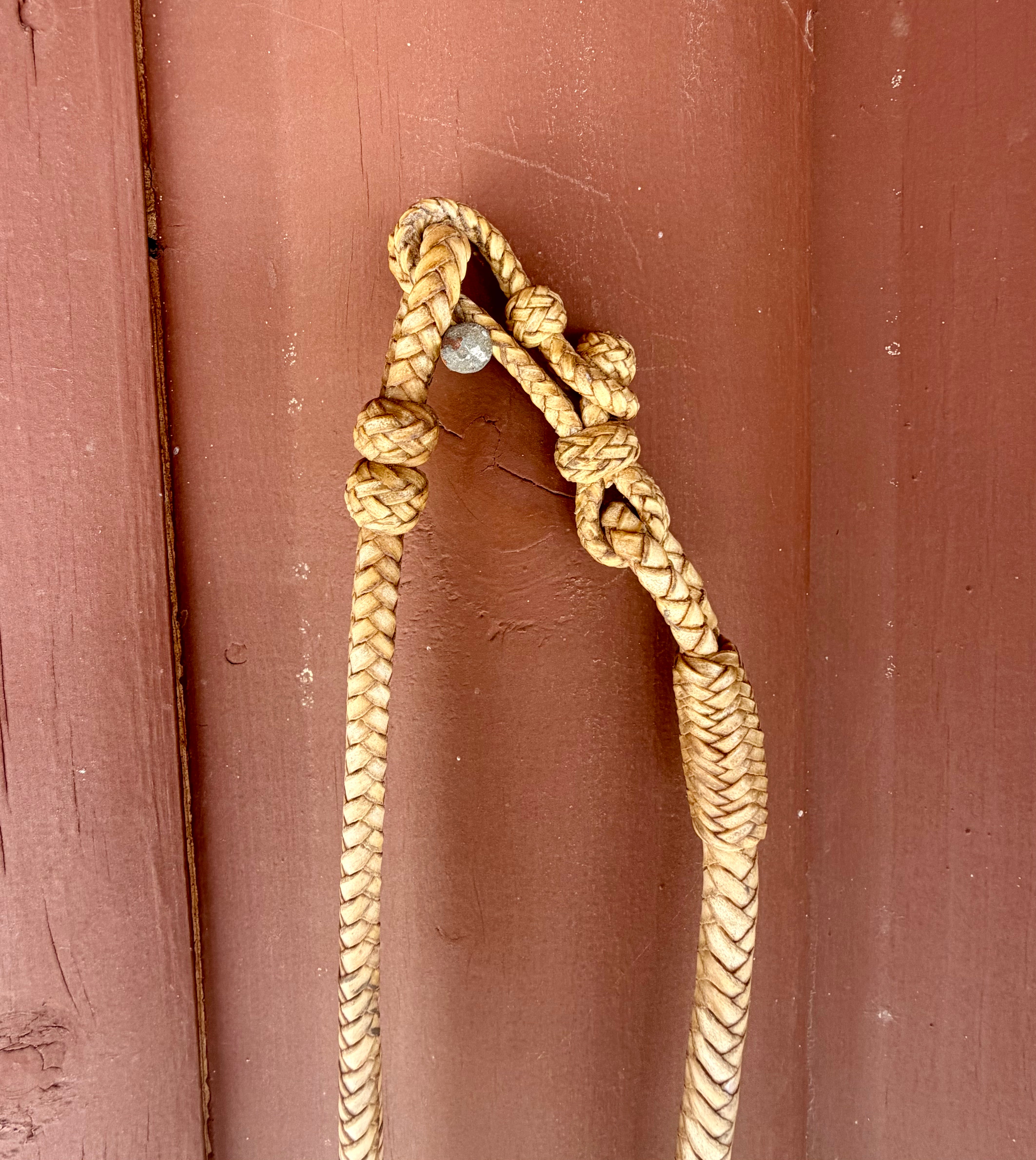 Vintage Hand-Braided Natural Rawhide Rome Reins With Leather Popper Romal Reins Vaquero   RN1180