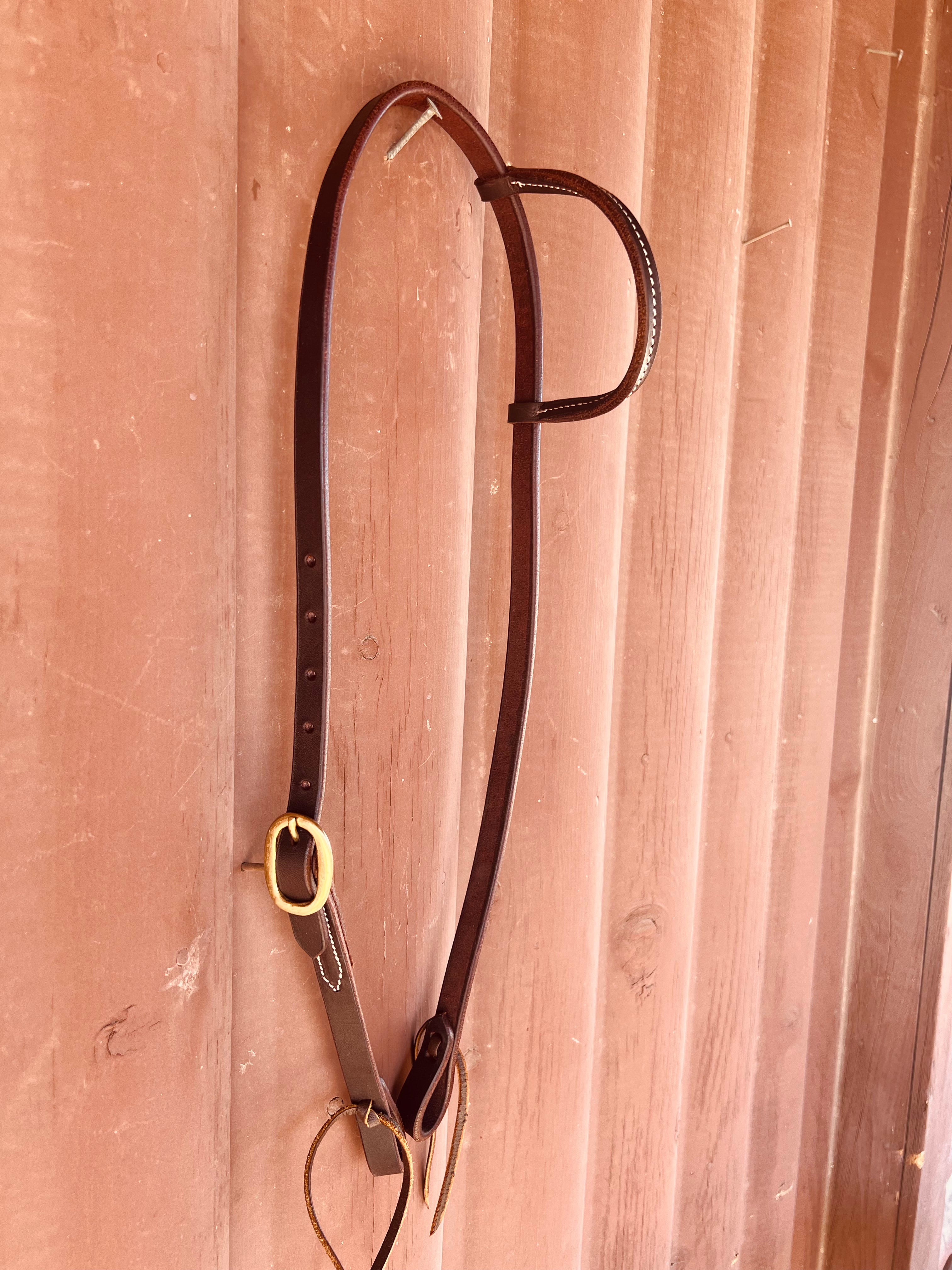 Oiled 5/8 Inch One Ear Headstall with Brass Buckle and Tie Ends