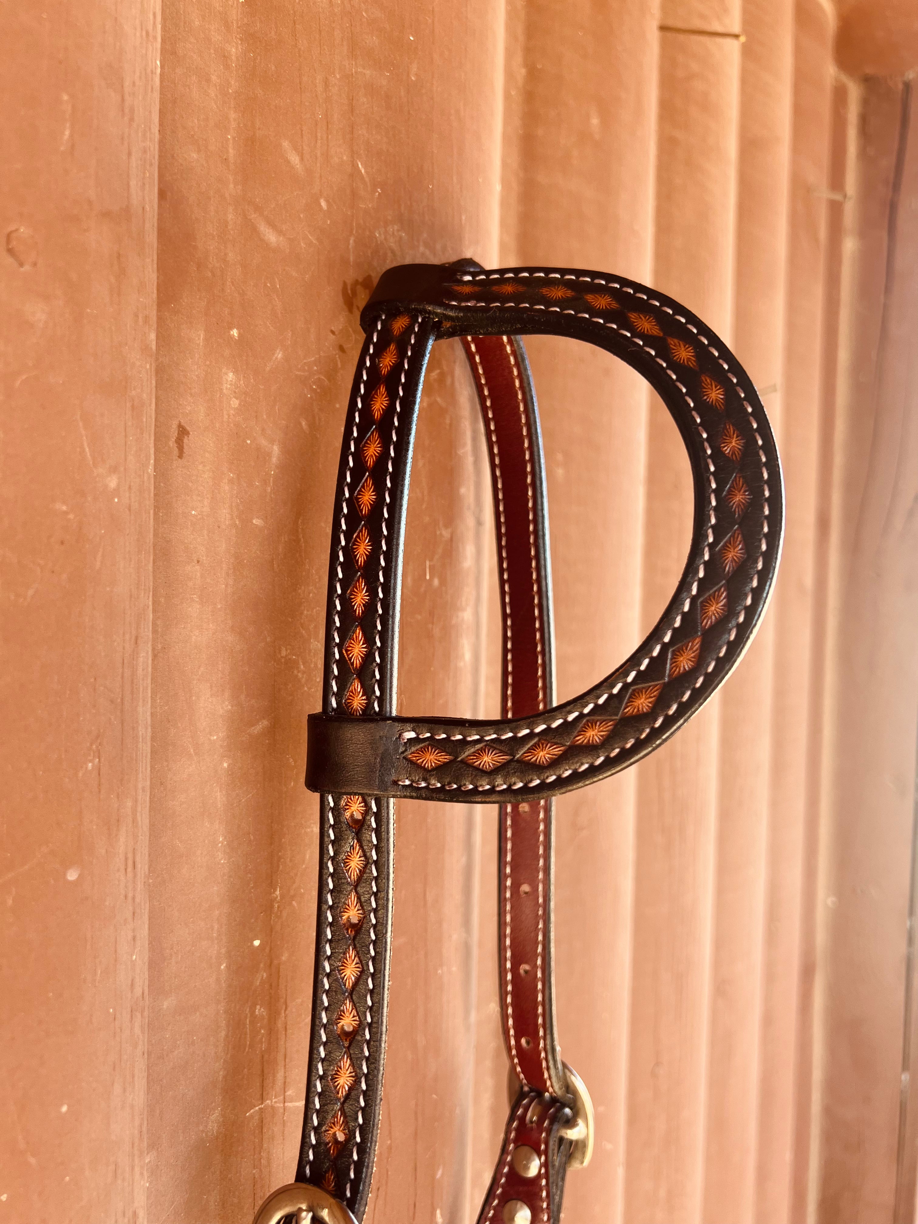 Diamond Tooled Leather One Ear Headstall with Concho and Tie Ends