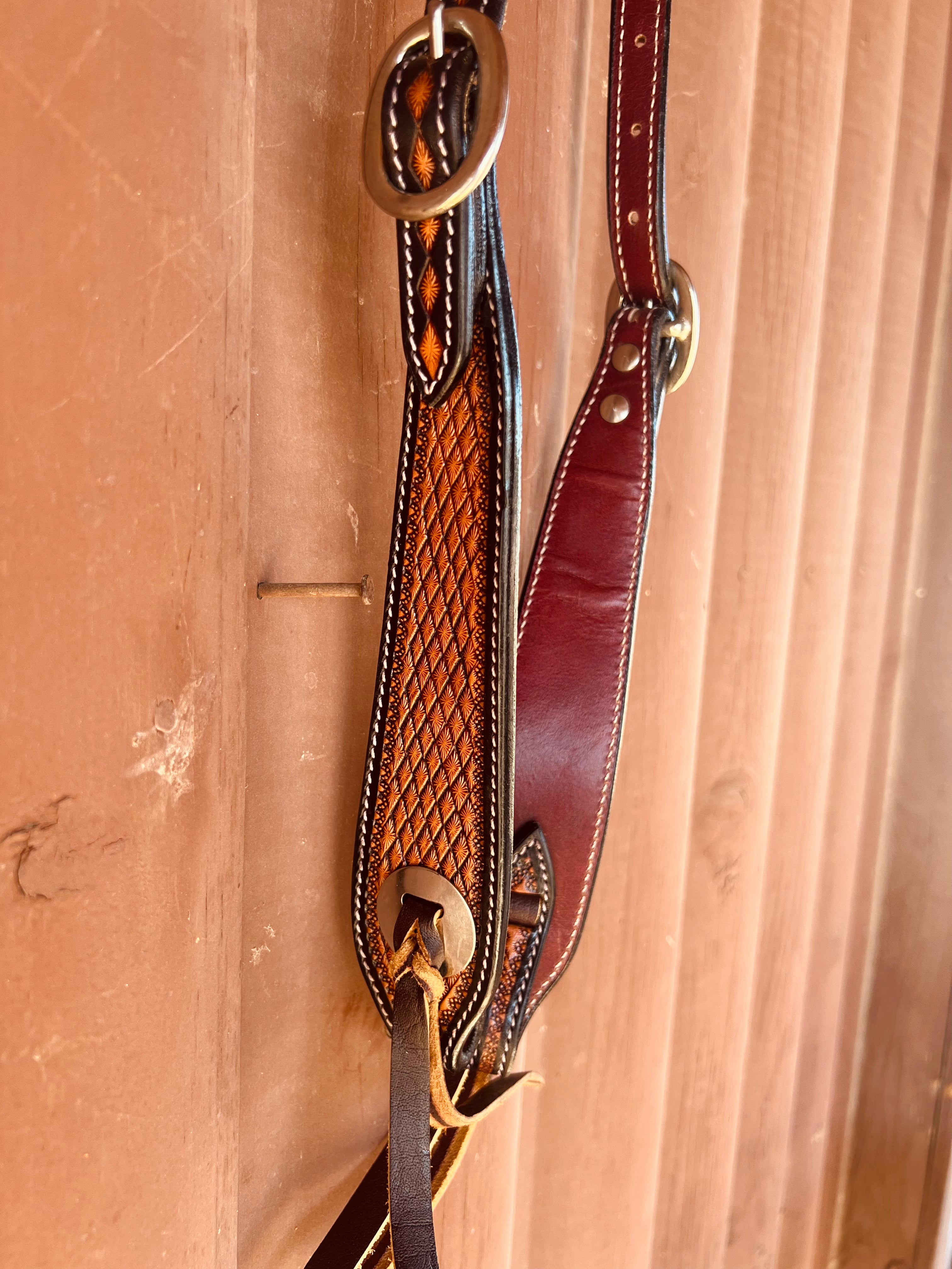 Diamond Tooled Leather One Ear Headstall with Concho and Tie Ends