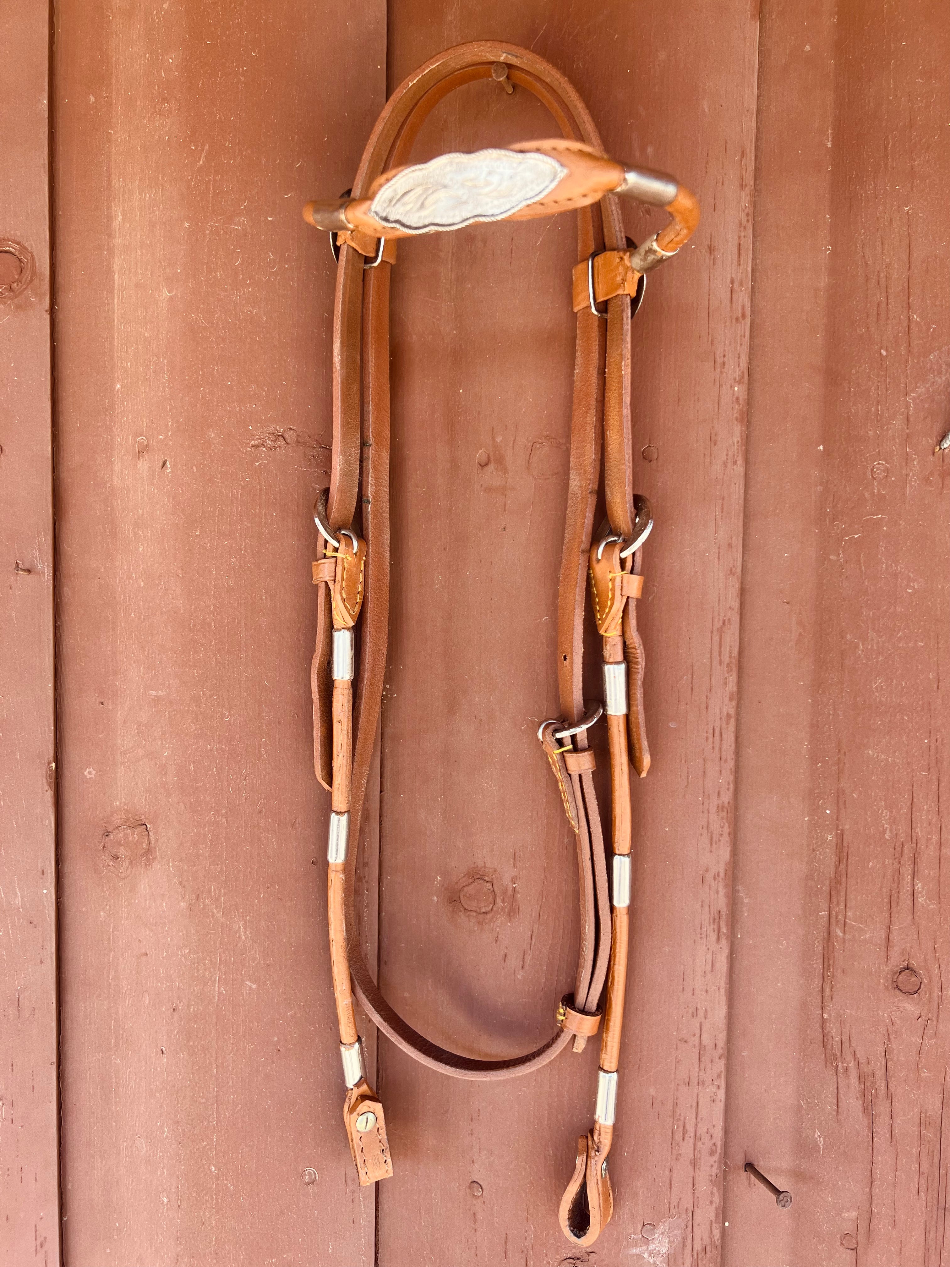 Leather Browband Silver Bead Accent Headstall