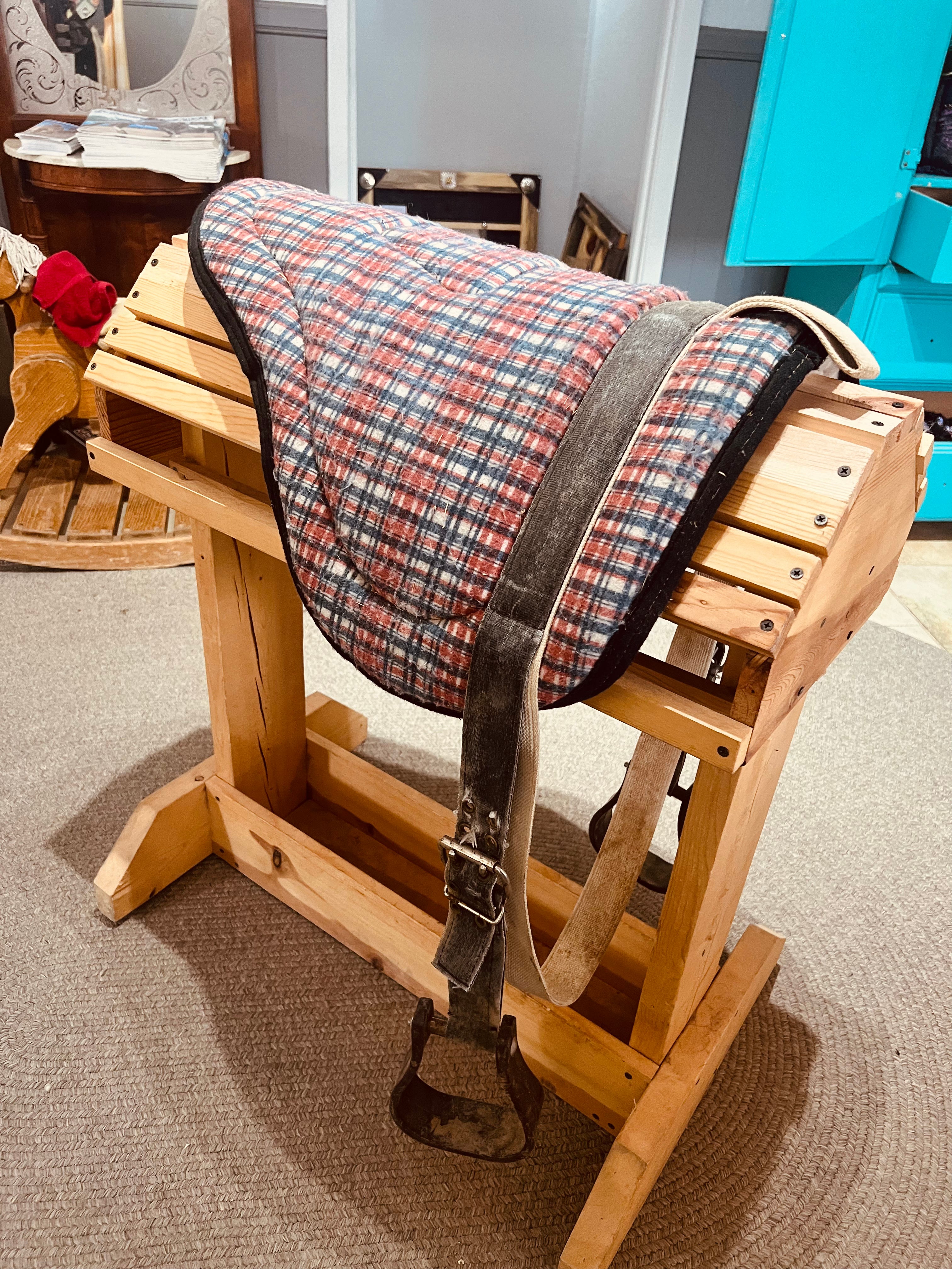 Plaid Blanket Top Bareback Horse Saddle Pad with Stirrups