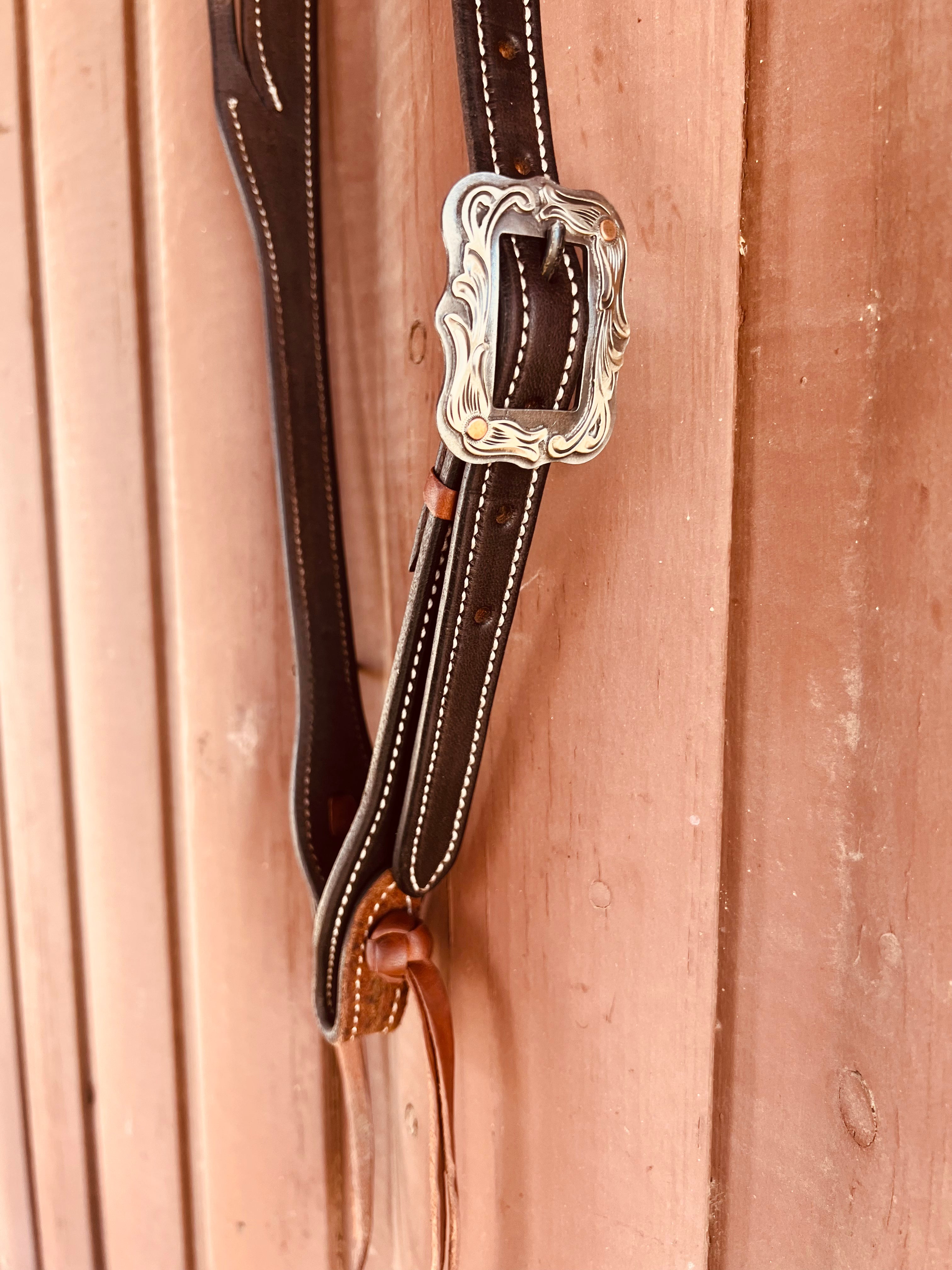 Split Ear Stitched Black Herman Oak Leather Headstall with Floral Buckle