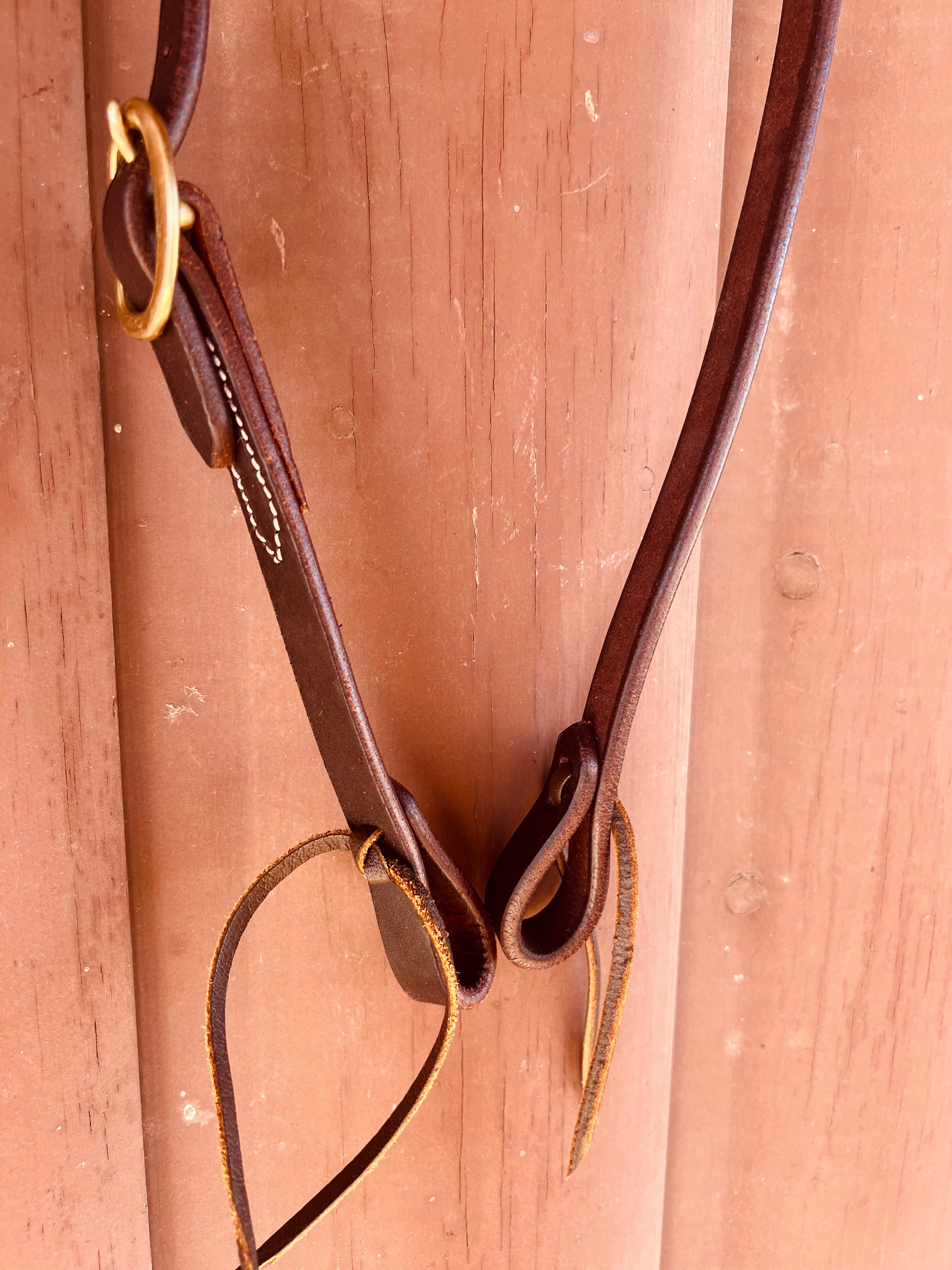 Oiled 5/8 Inch One Ear Headstall with Brass Buckle and Tie Ends