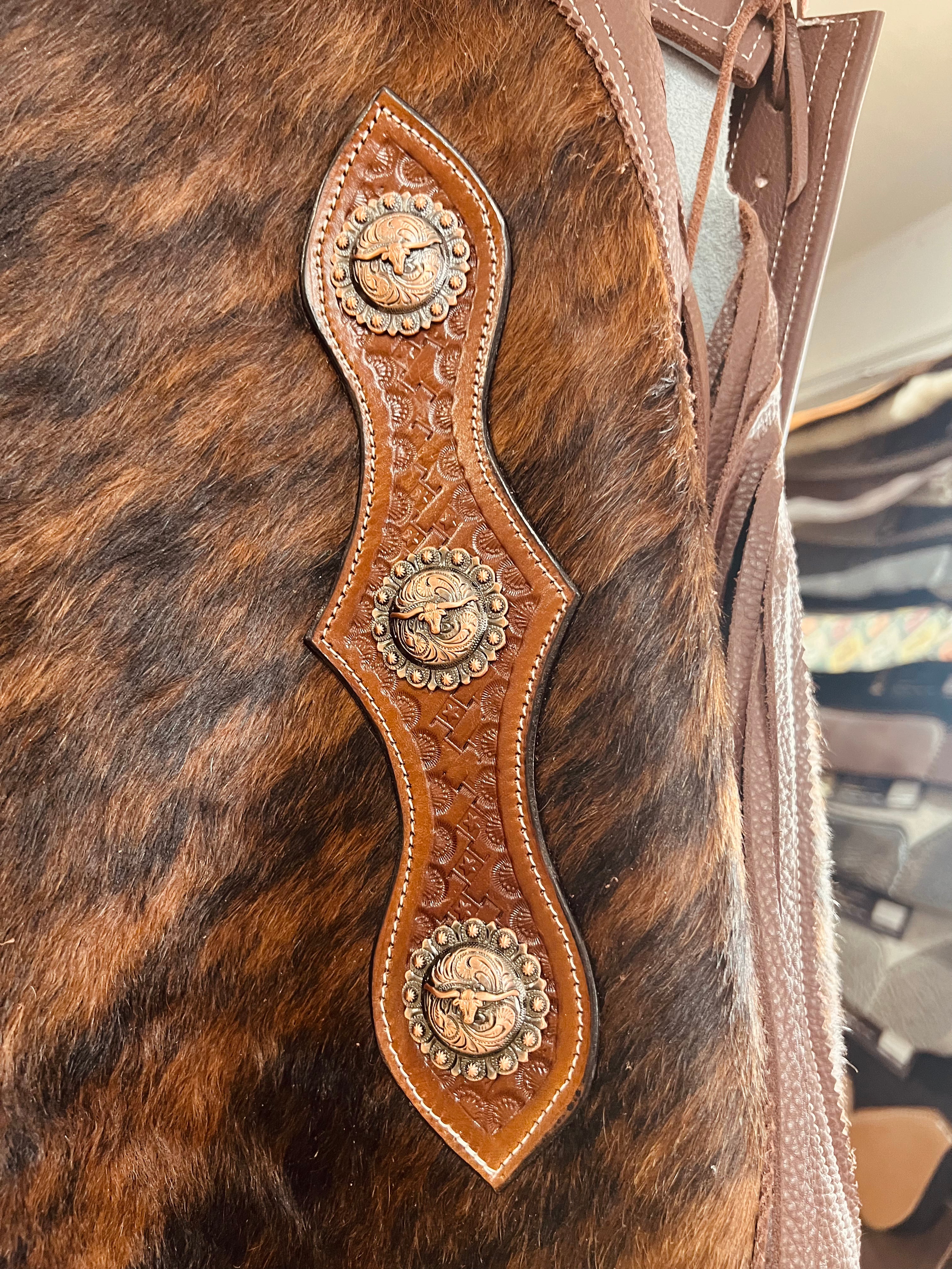 Cowhide Leather Fringe Chinks with Longhorn Conchos