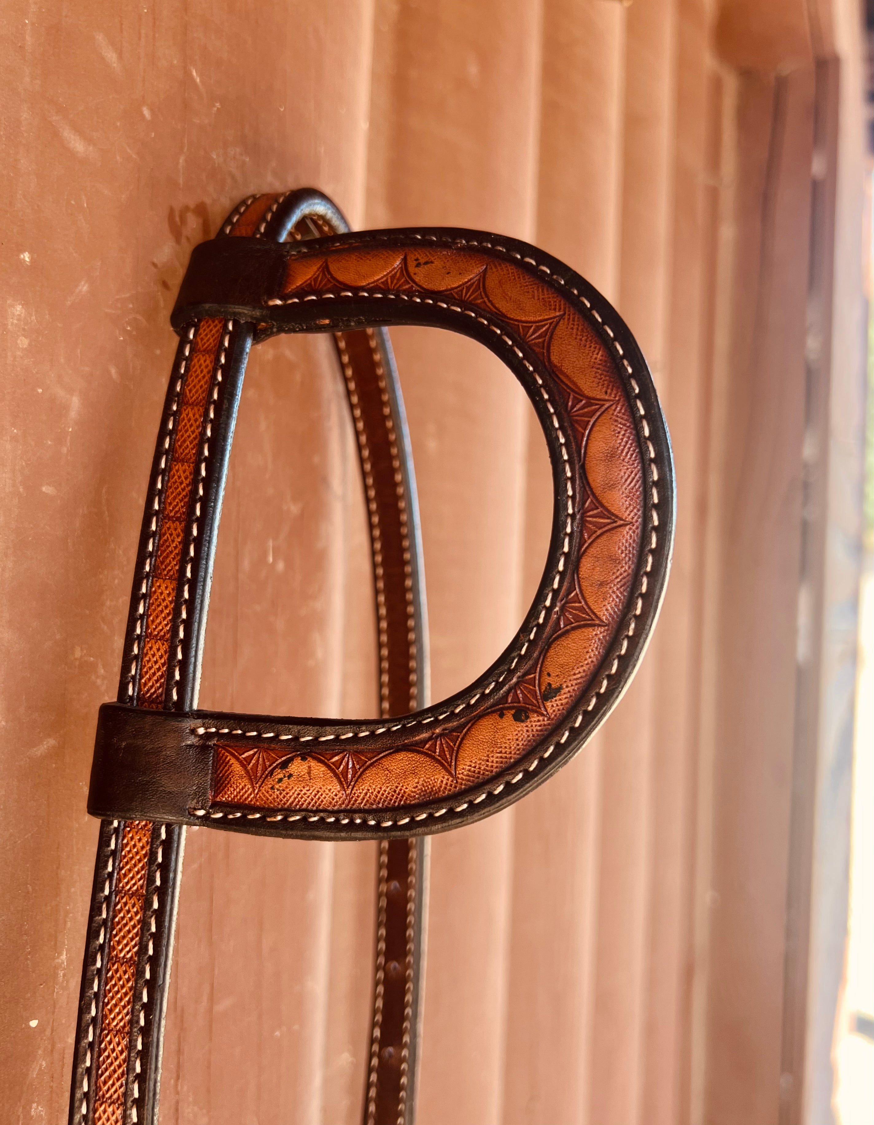 Fancy Tooled Leather One Ear Headstall with Tie Ends