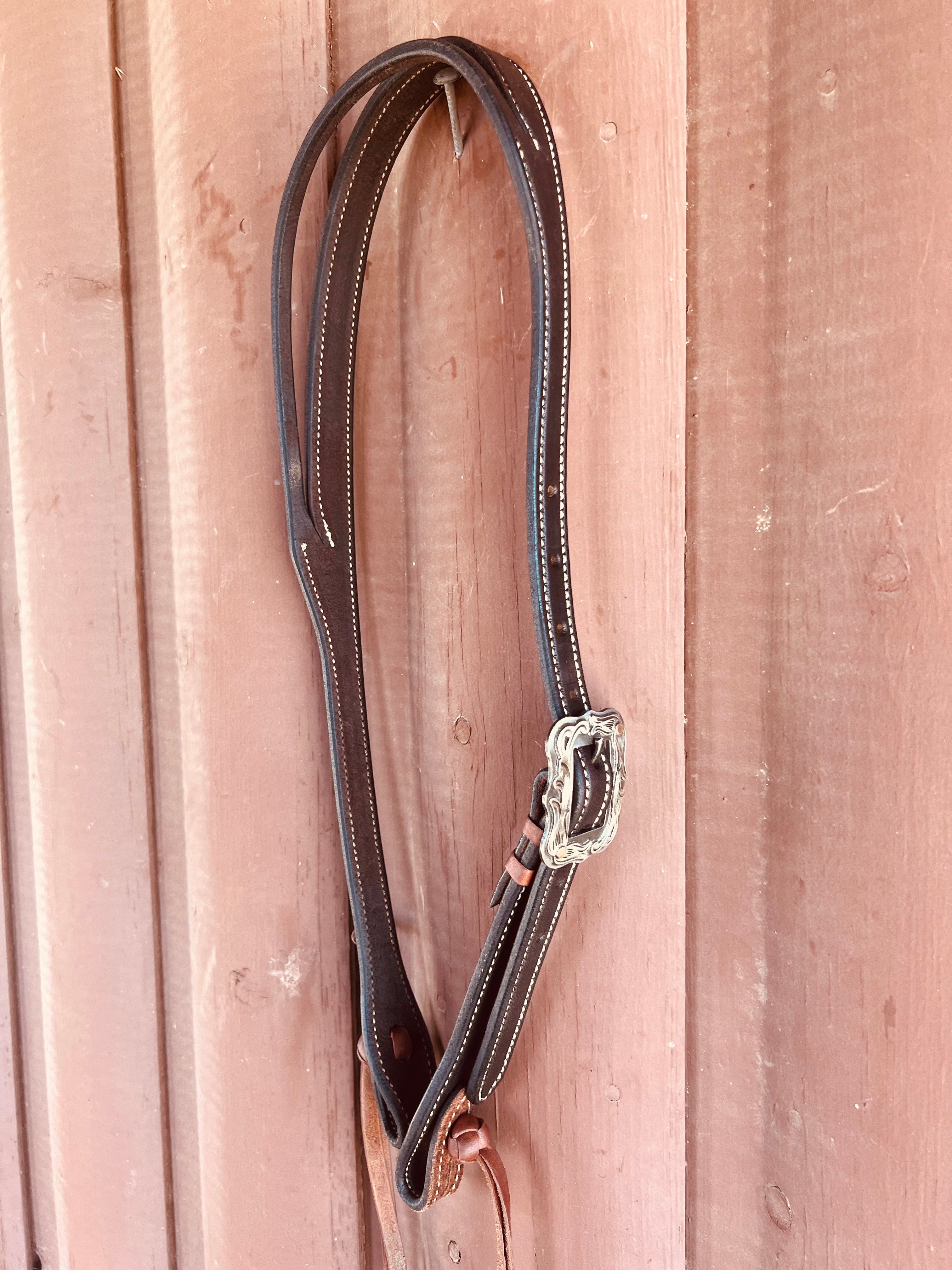 Split Ear Stitched Black Herman Oak Leather Headstall with Floral Buckle