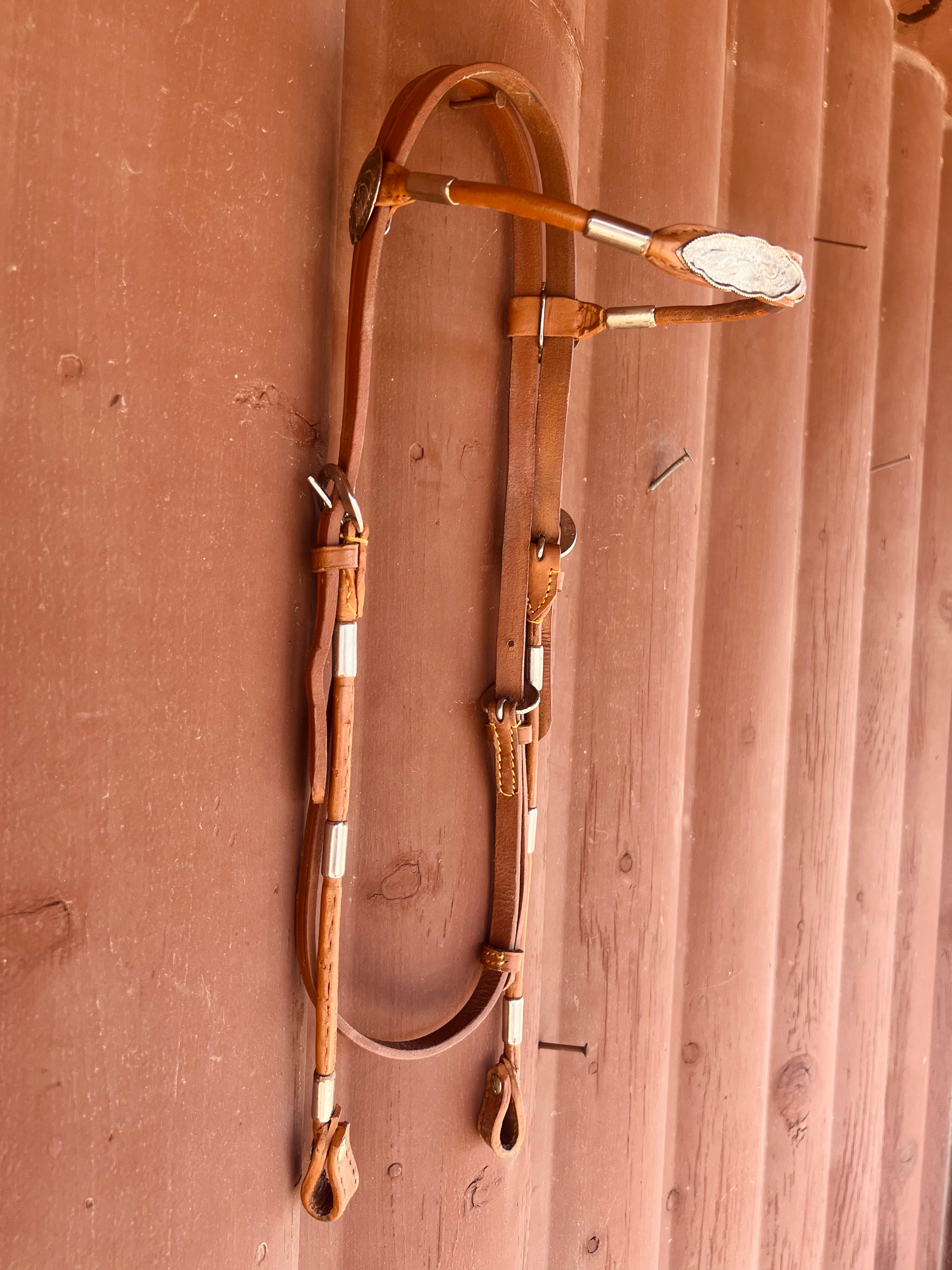 Leather Browband Silver Bead Accent Headstall