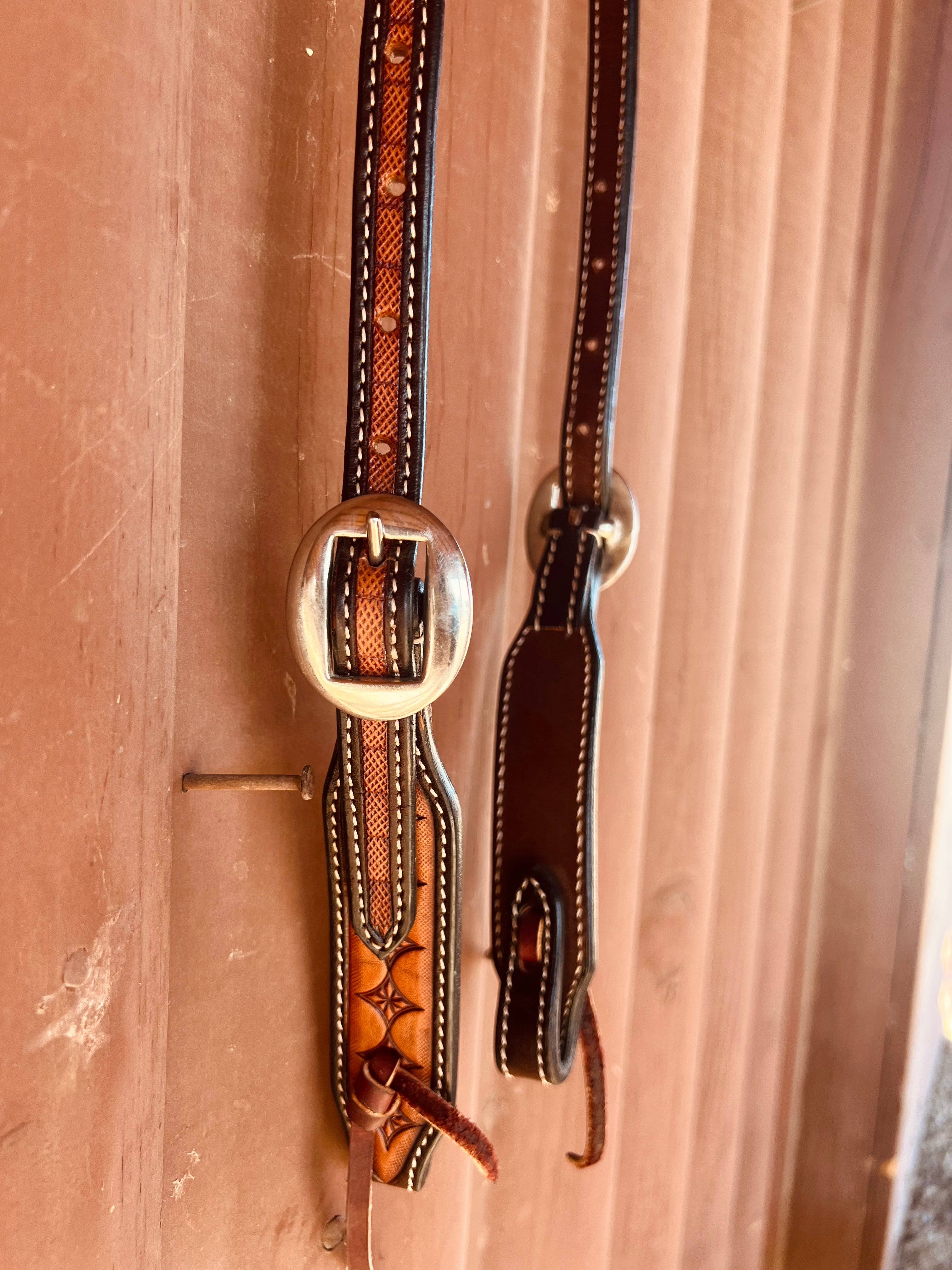 Fancy Tooled Leather One Ear Headstall with Tie Ends