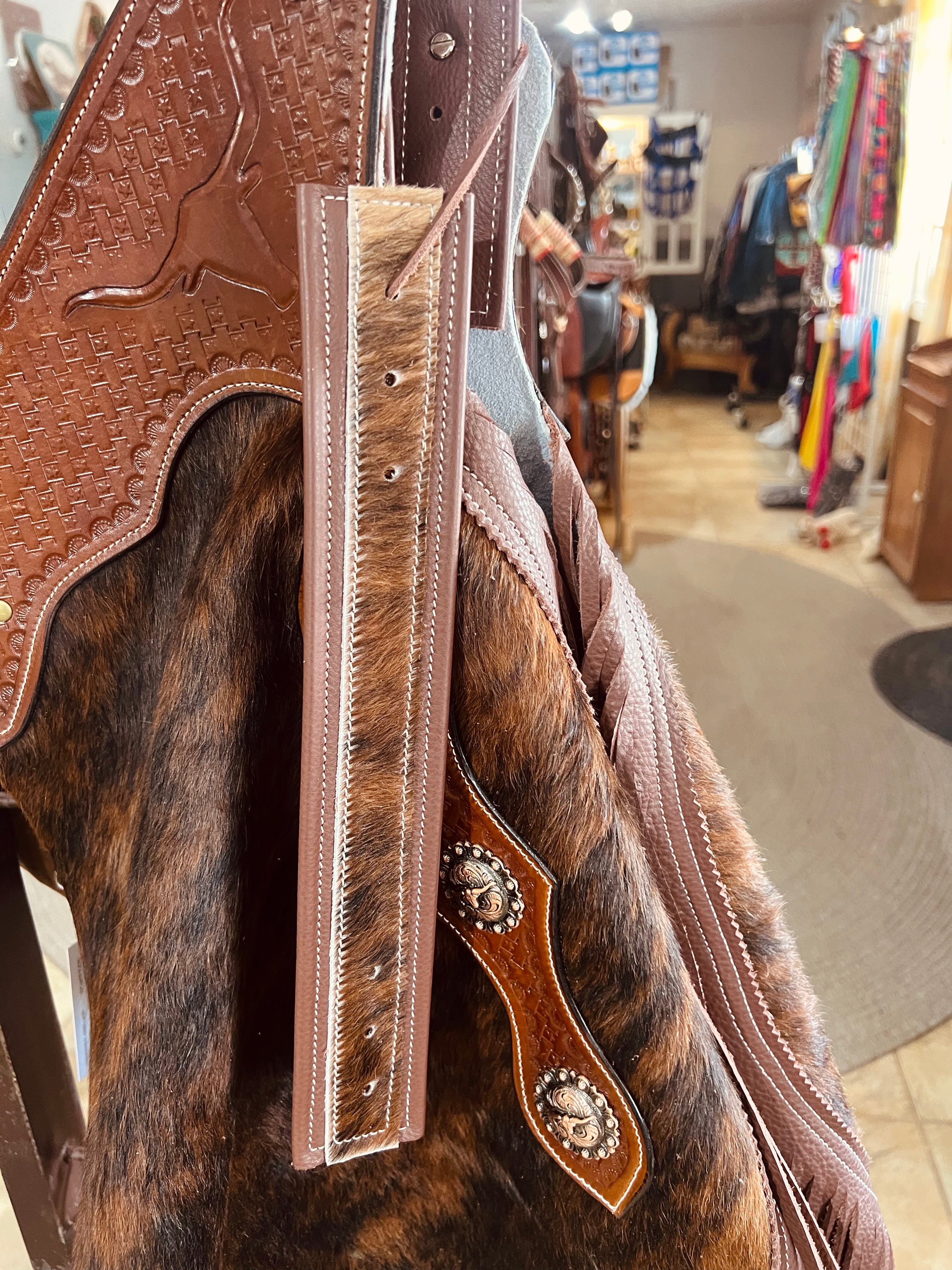 Cowhide Leather Fringe Chinks with Longhorn Conchos