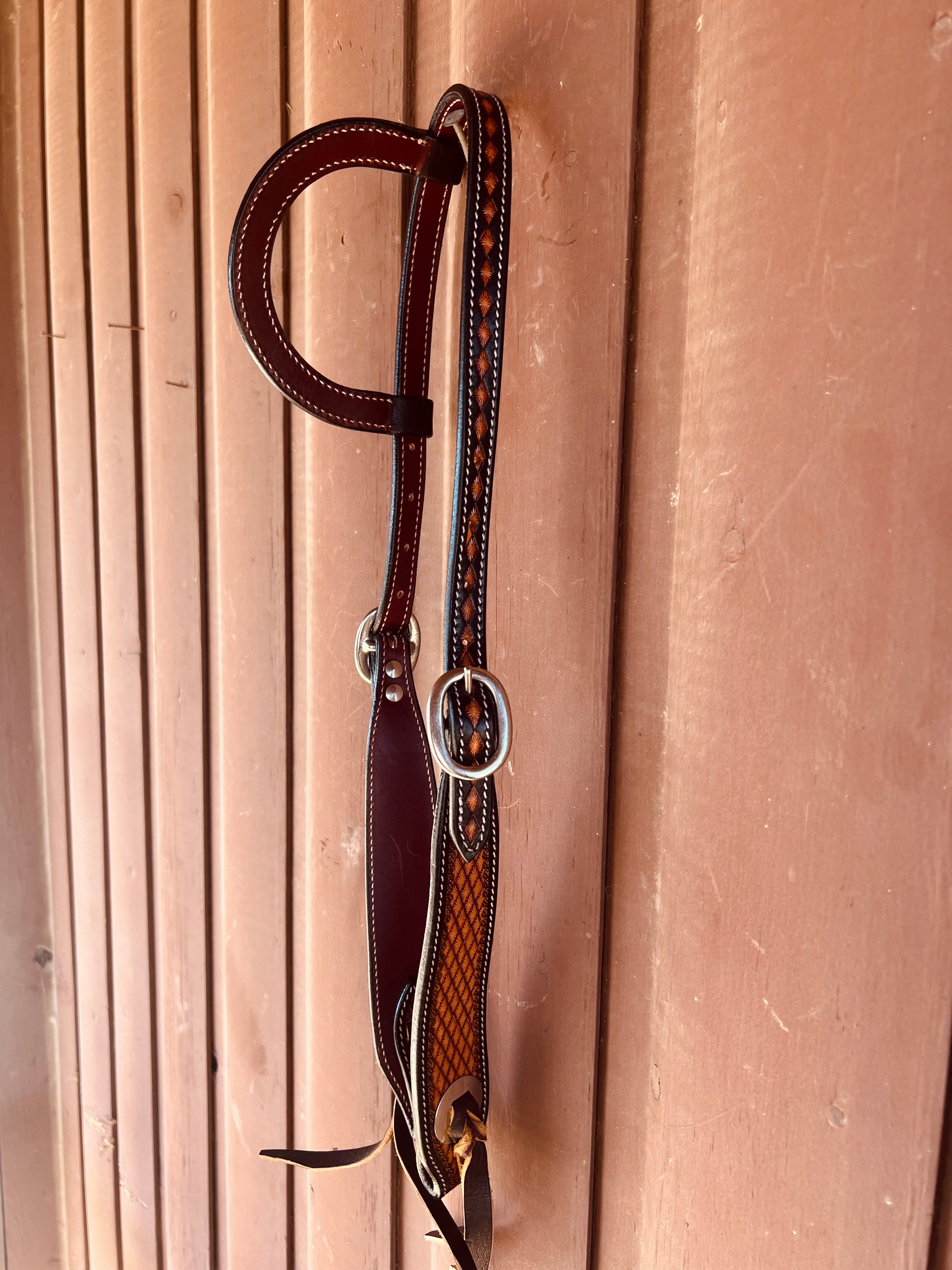 Diamond Tooled Leather One Ear Headstall with Concho and Tie Ends