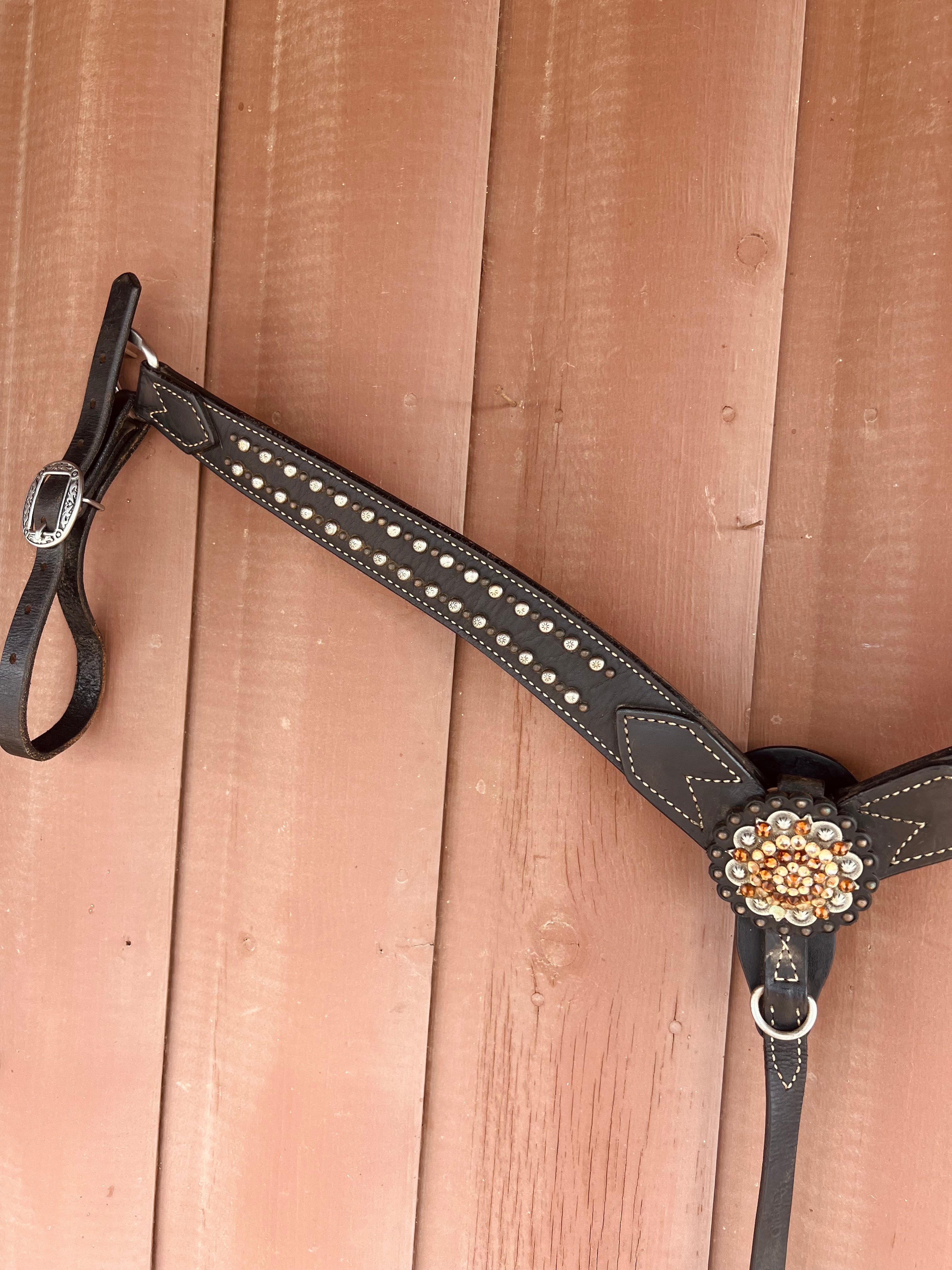 Studded Breast Collar - Black Leather with Large Center Concho