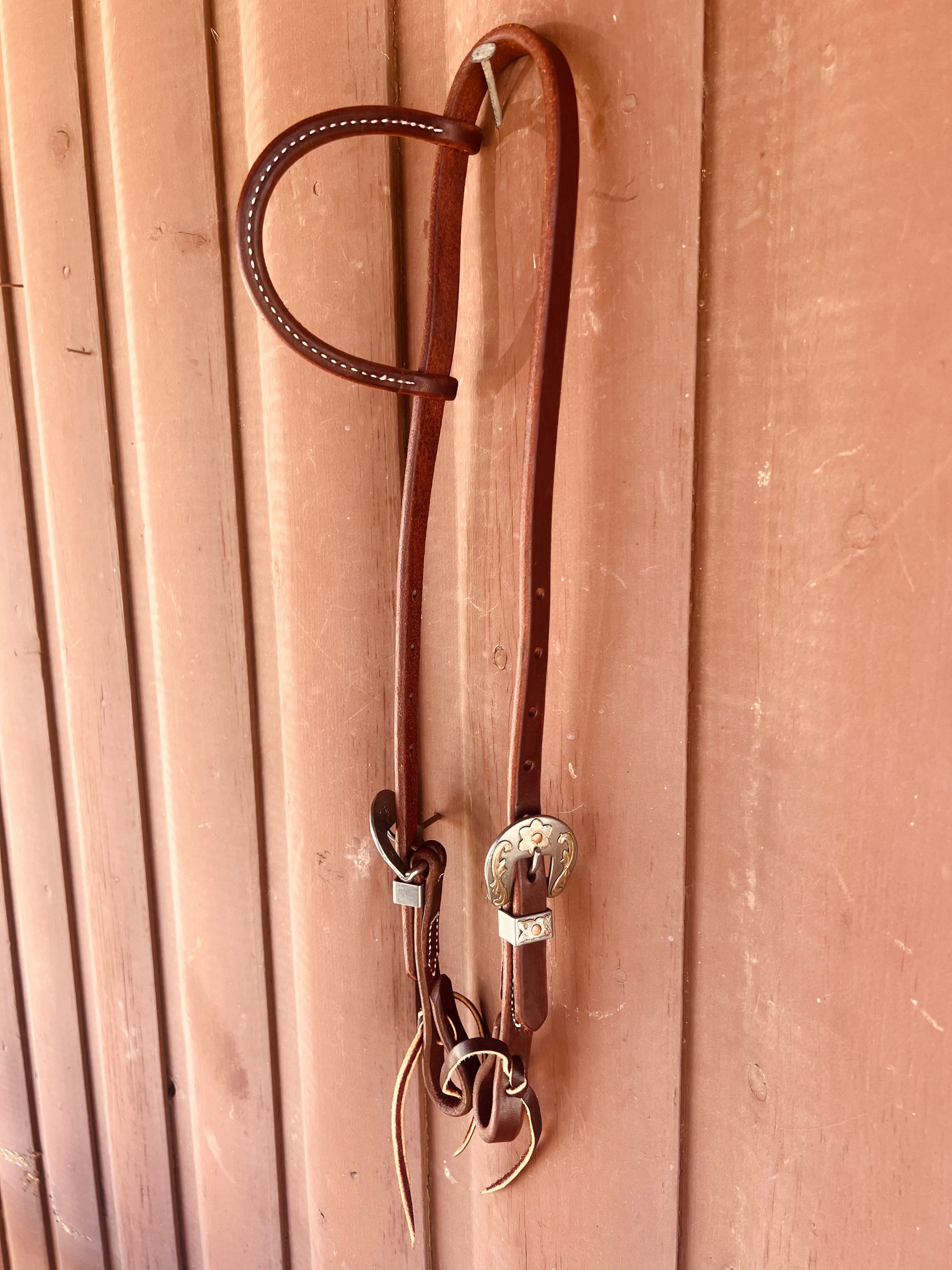 Oiled 5/8" Leather One Ear Headstall with Antiqued Floral Buckles