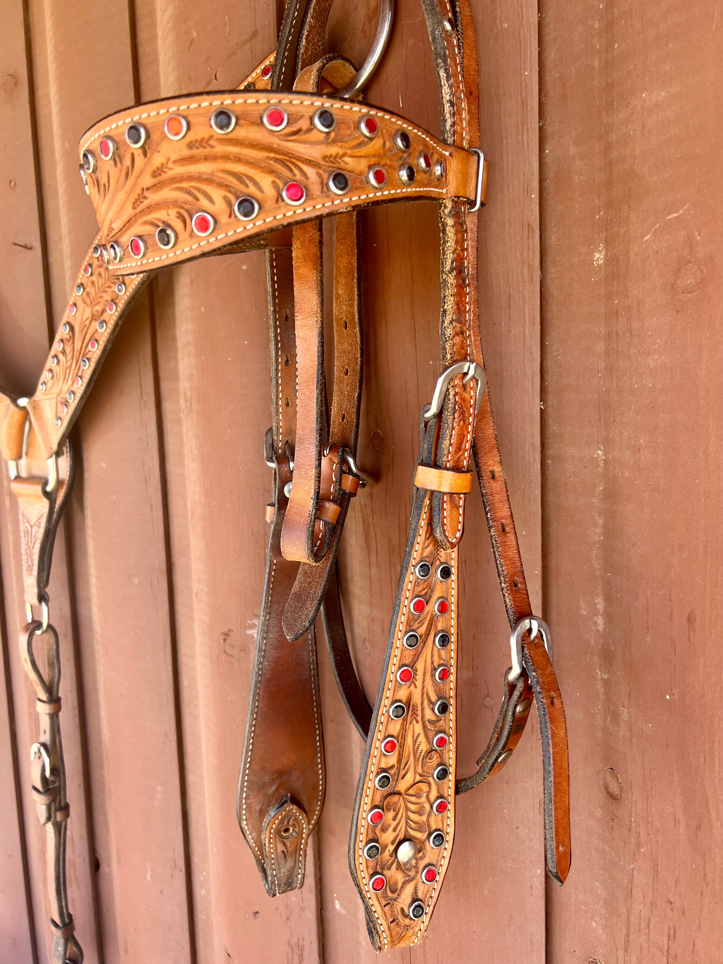 Red and Black Leather Breastcollar and Browband Headstall