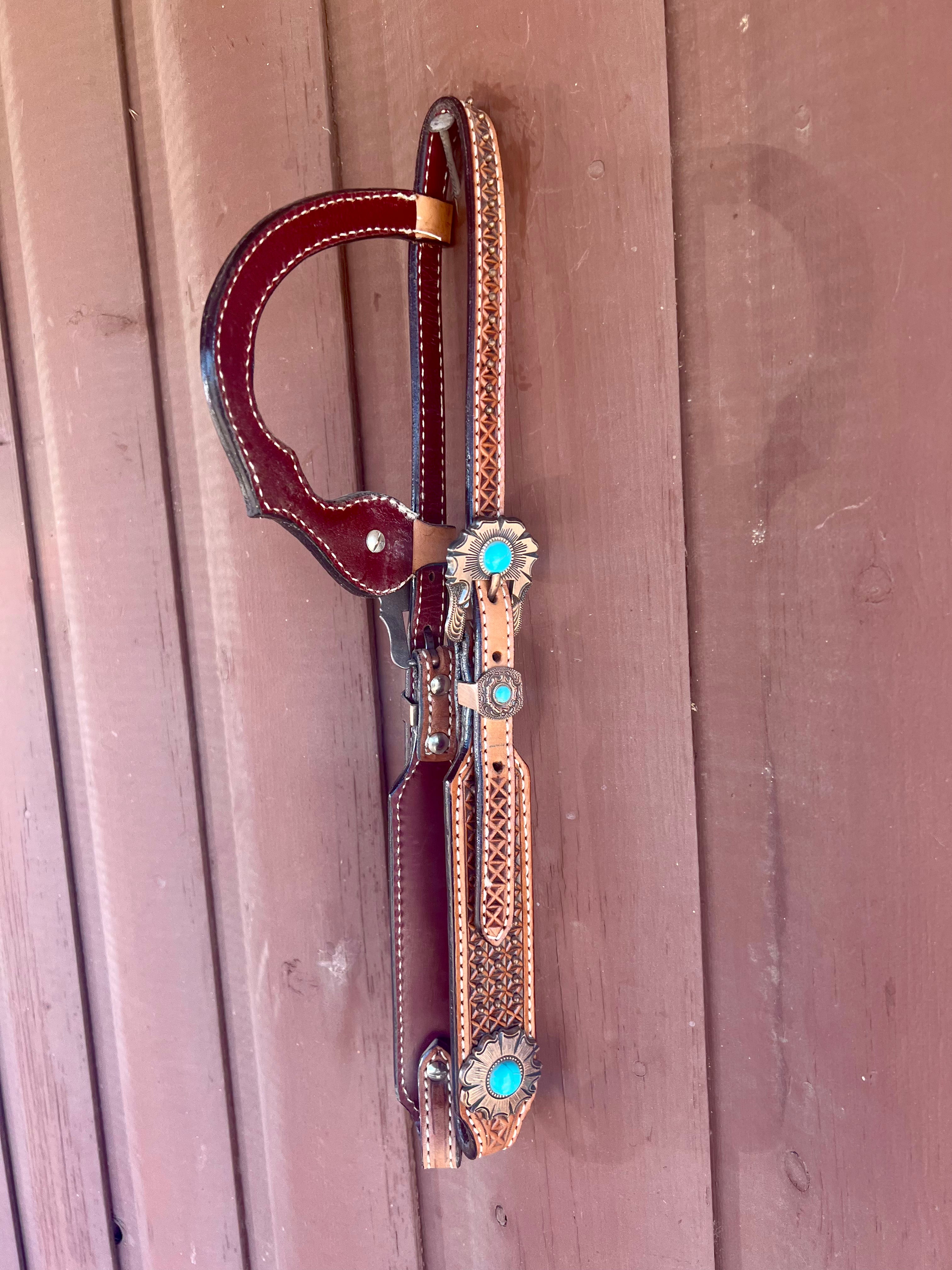 Waffle Tooled Leather One Ear Headstall with Turquoise Copper Floral Conchos