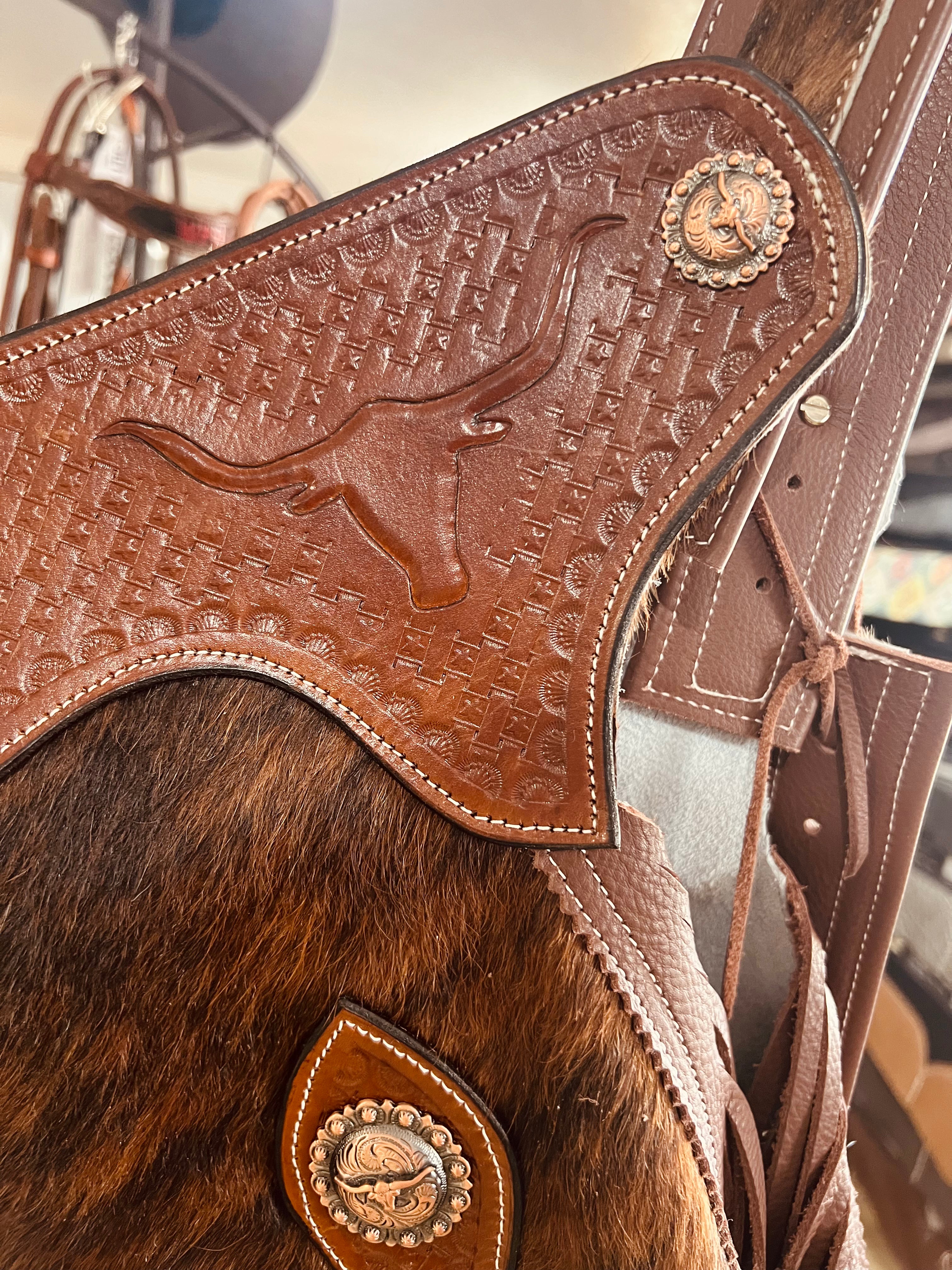 Cowhide Leather Fringe Chinks with Longhorn Conchos