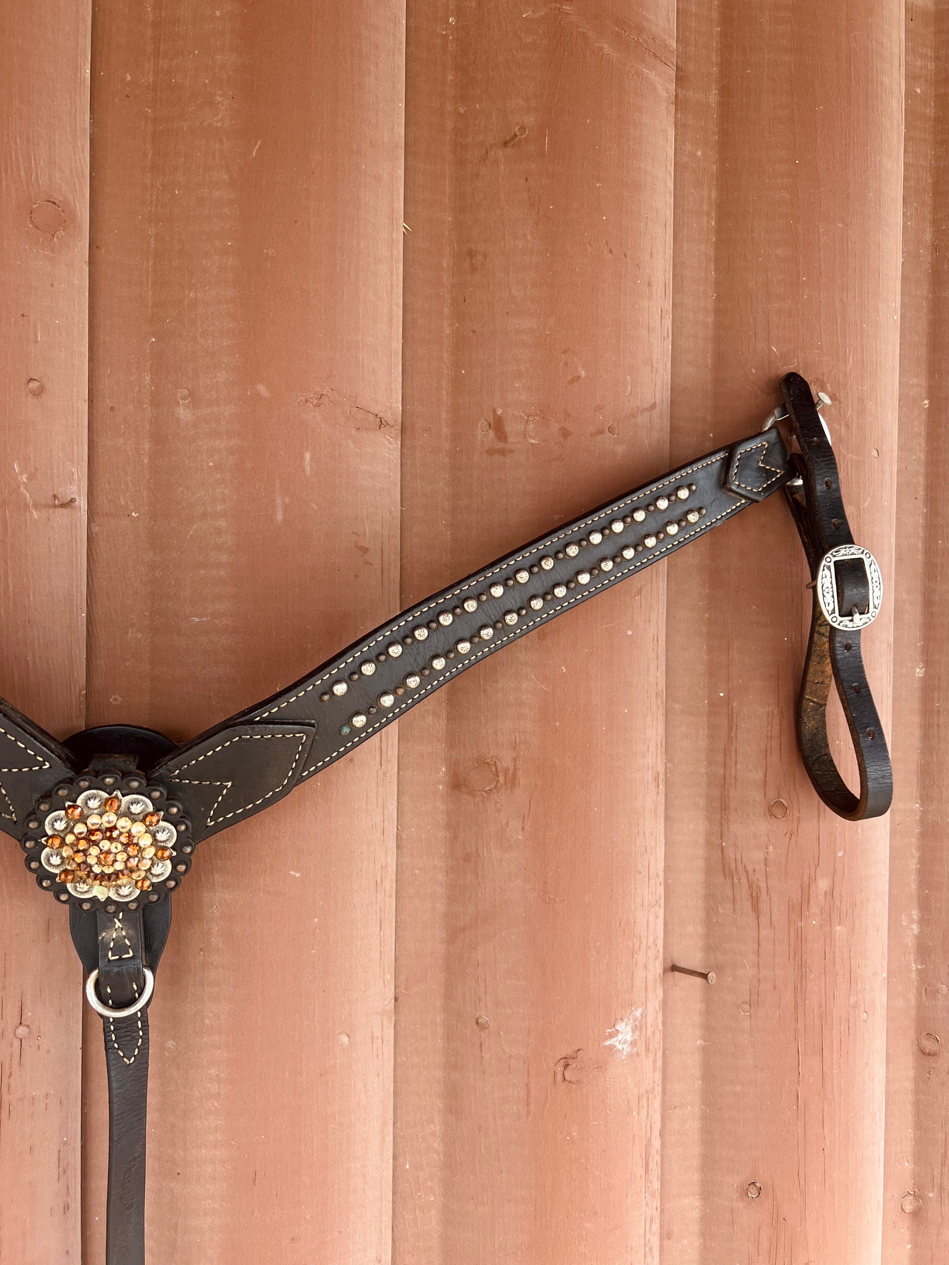Studded Breast Collar - Black Leather with Large Center Concho