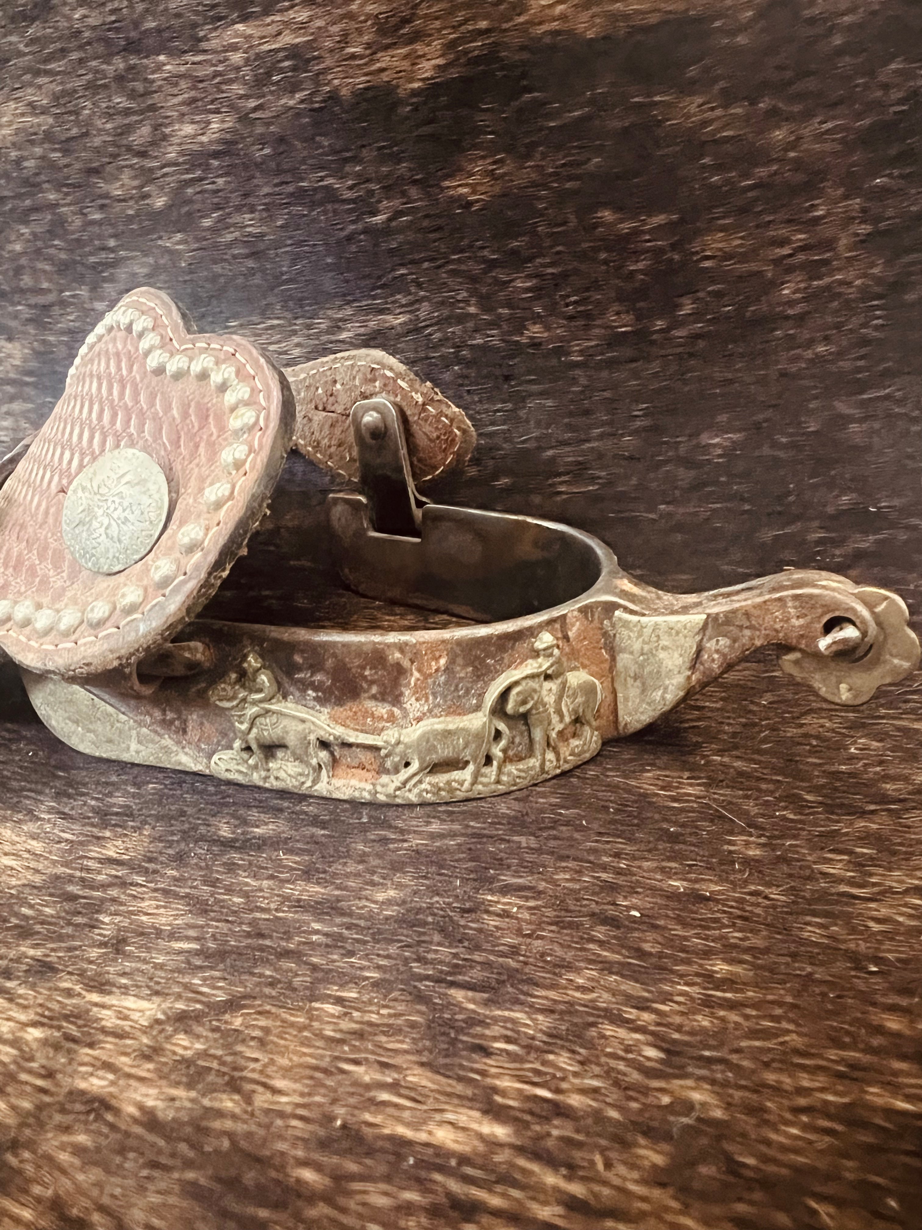 Antiqued Team Roper Engraved Stainless Steel Spurs with Spur Straps