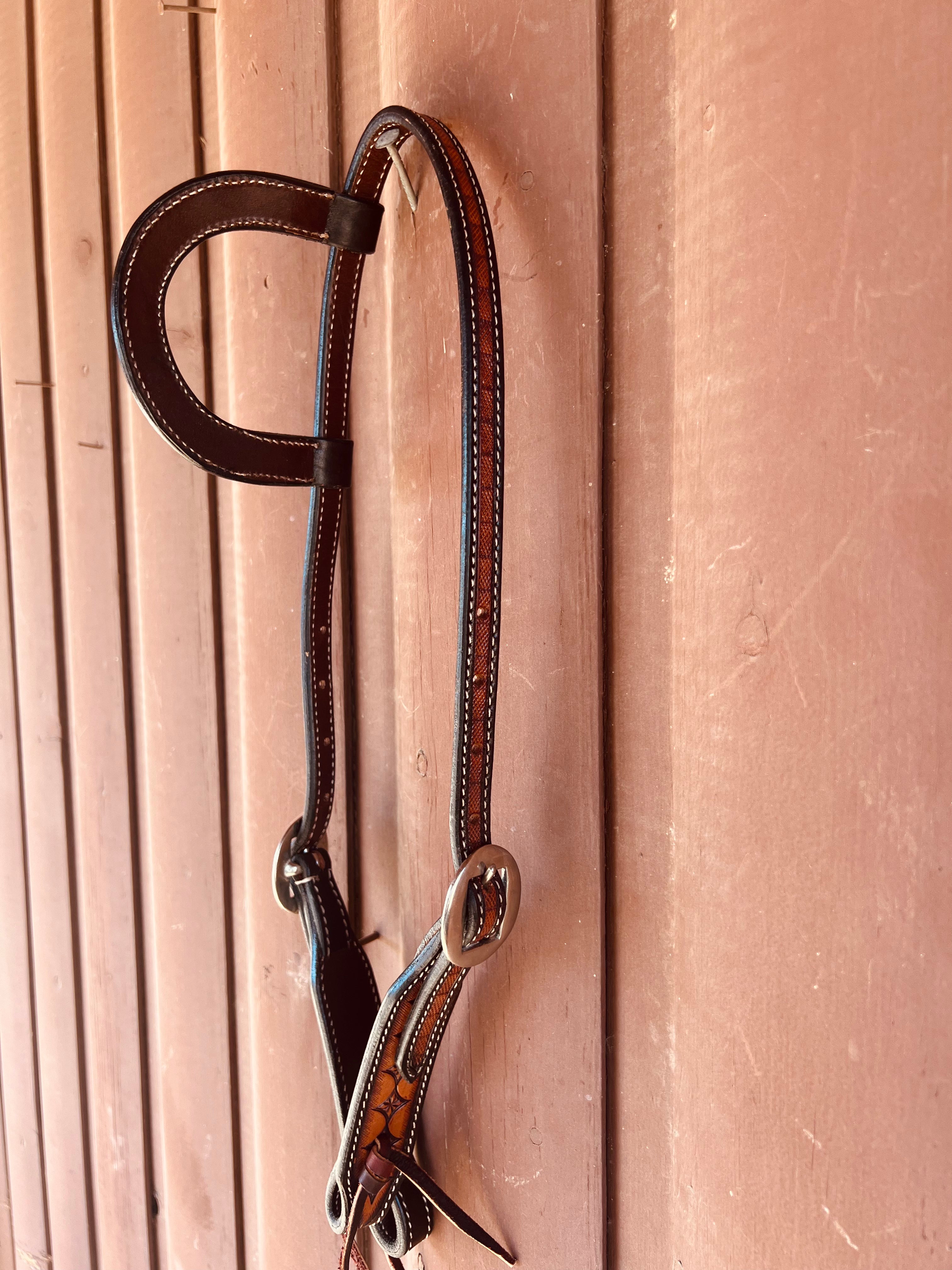 Fancy Tooled Leather One Ear Headstall with Tie Ends