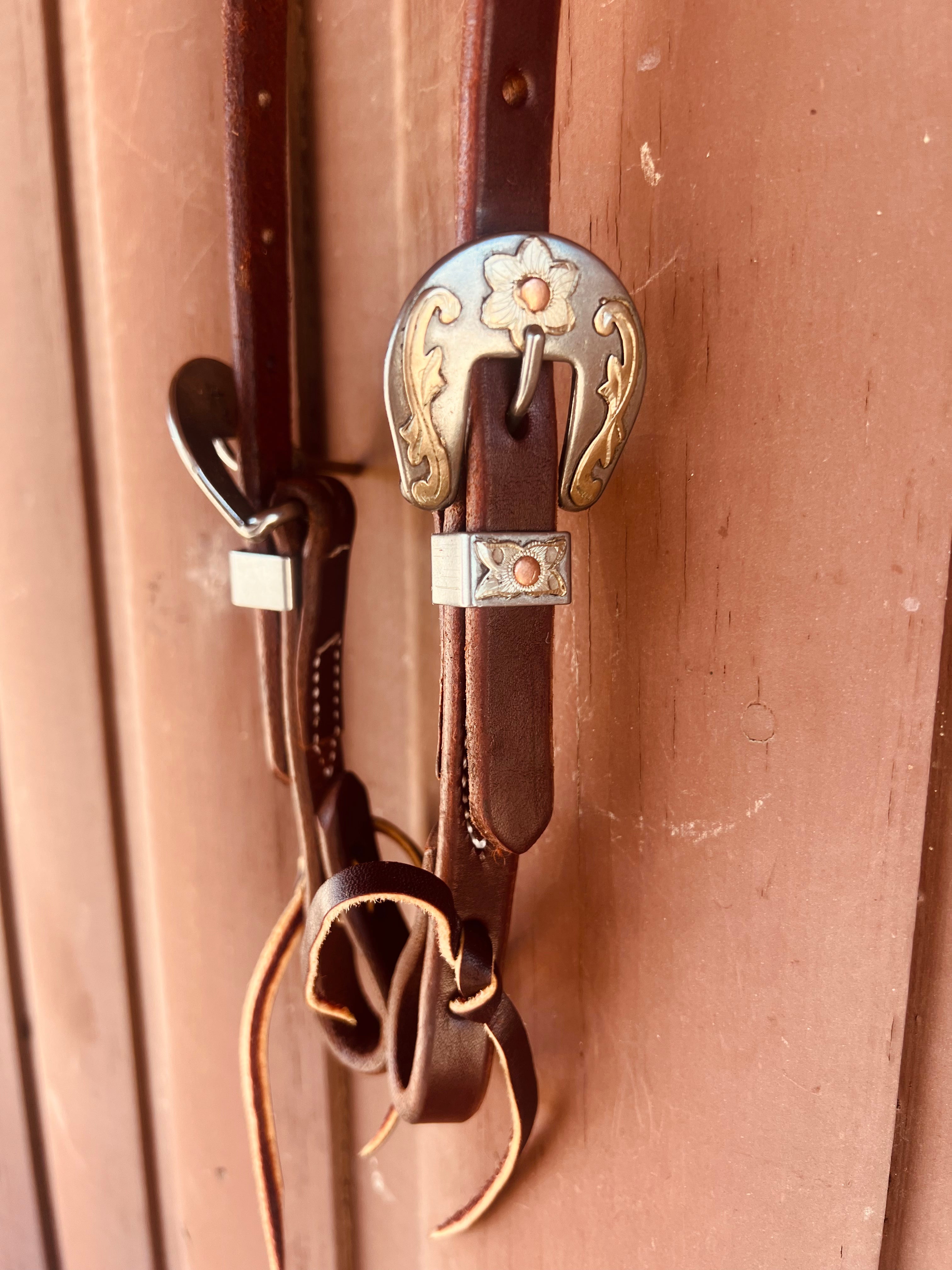 Oiled 5/8" Leather One Ear Headstall with Antiqued Floral Buckles