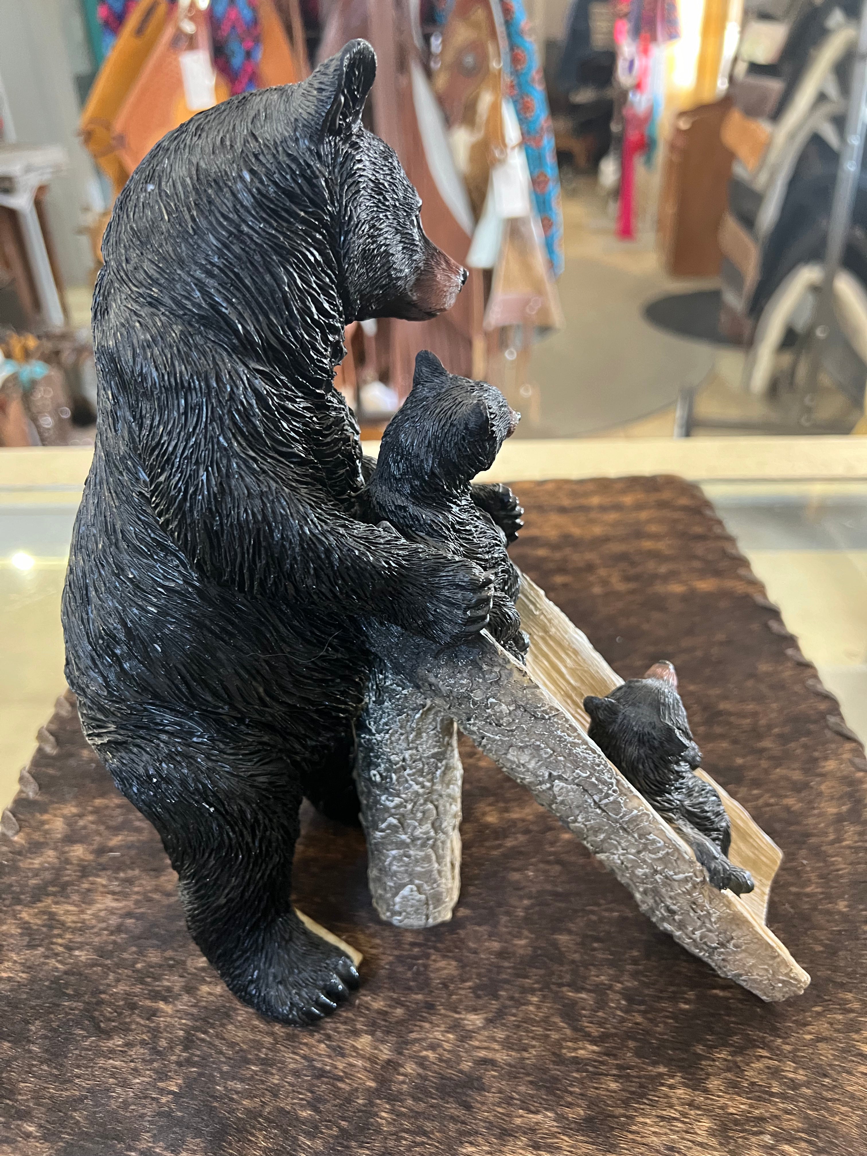 Black Bear with Cubs Sliding on Tree Bear Family Figurine