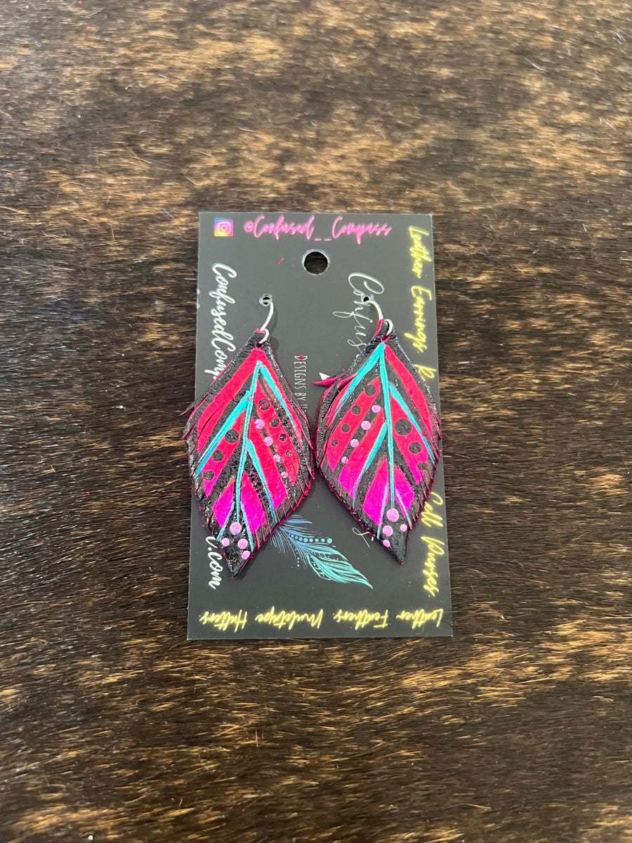 Hand Painted Leather Feather Earrings