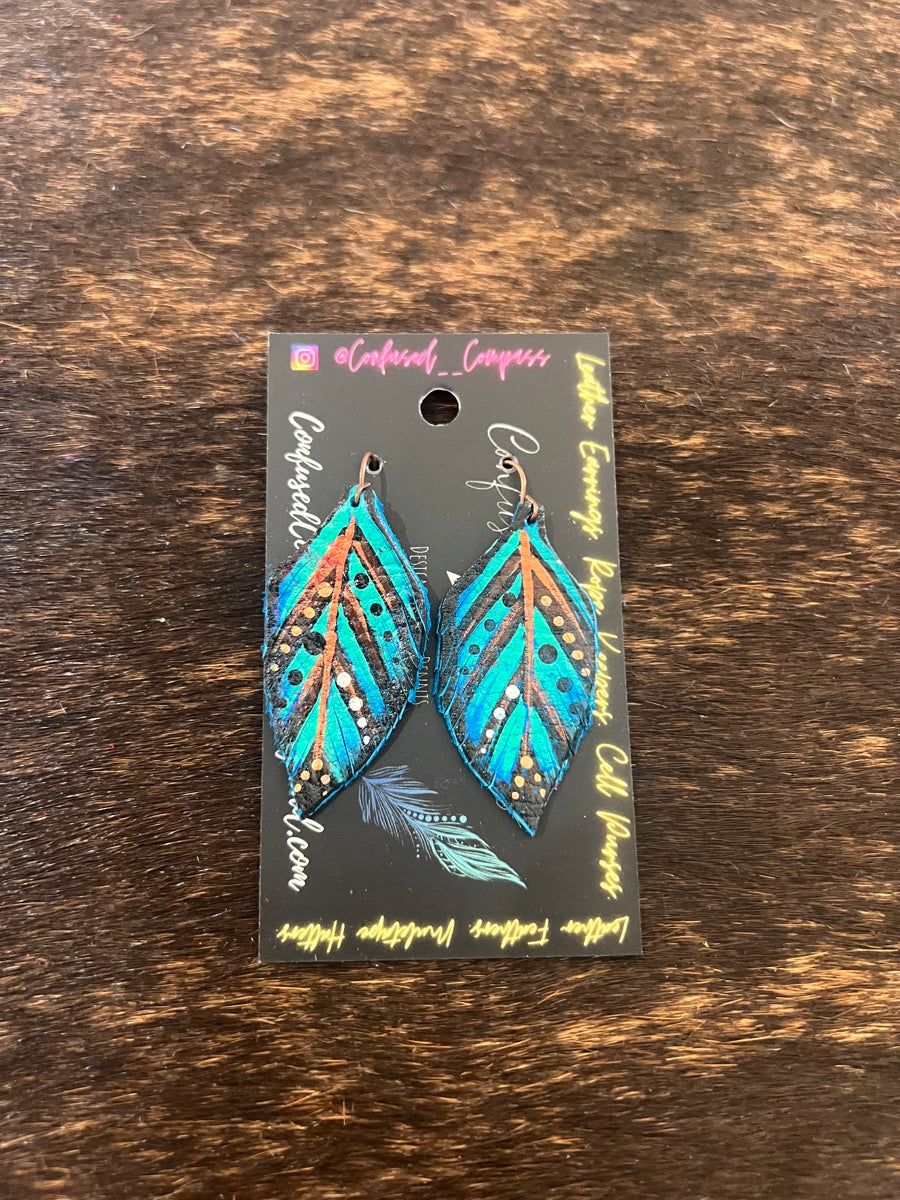 Hand Painted Leather Feather Earrings