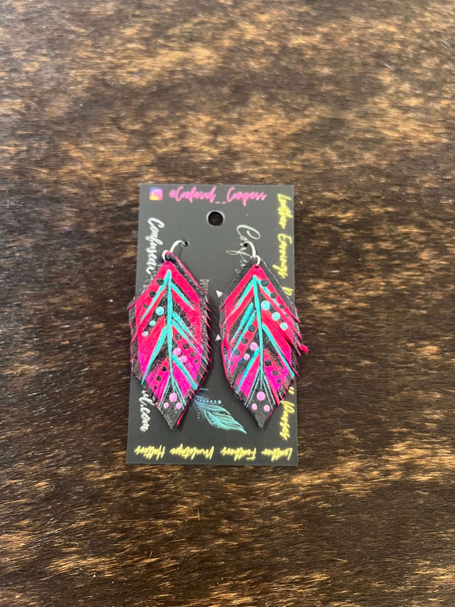 Hand Painted Leather Feather Earrings