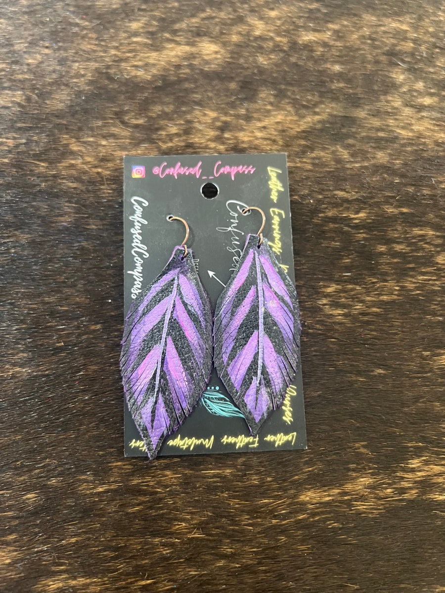 Hand Painted Leather Feather Earrings