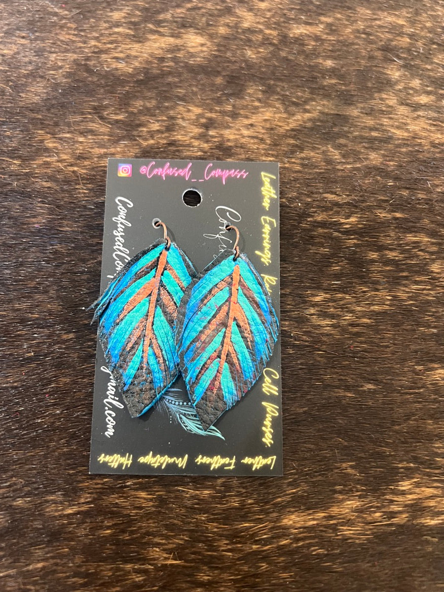 Hand Painted Leather Feather Earrings