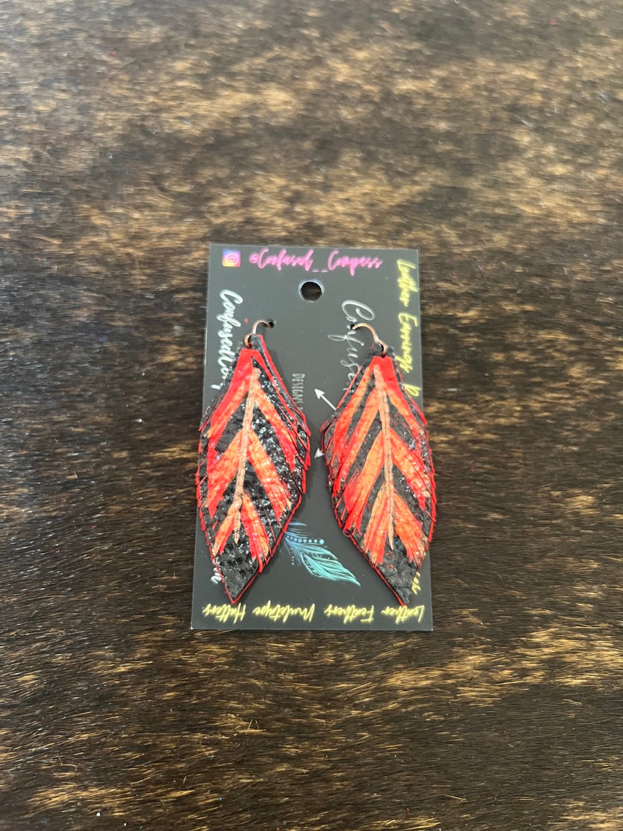 Hand Painted Leather Feather Earrings