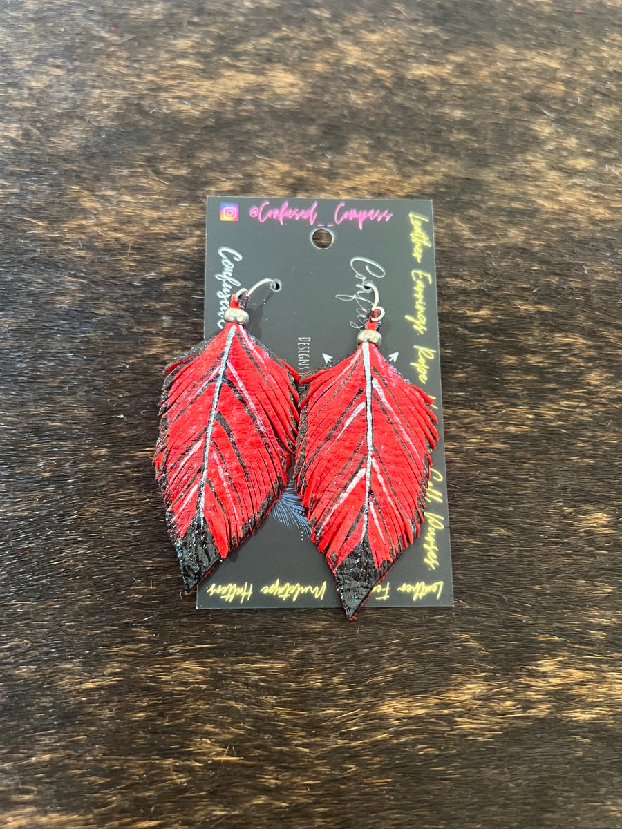 Hand Painted Leather Feather Earrings